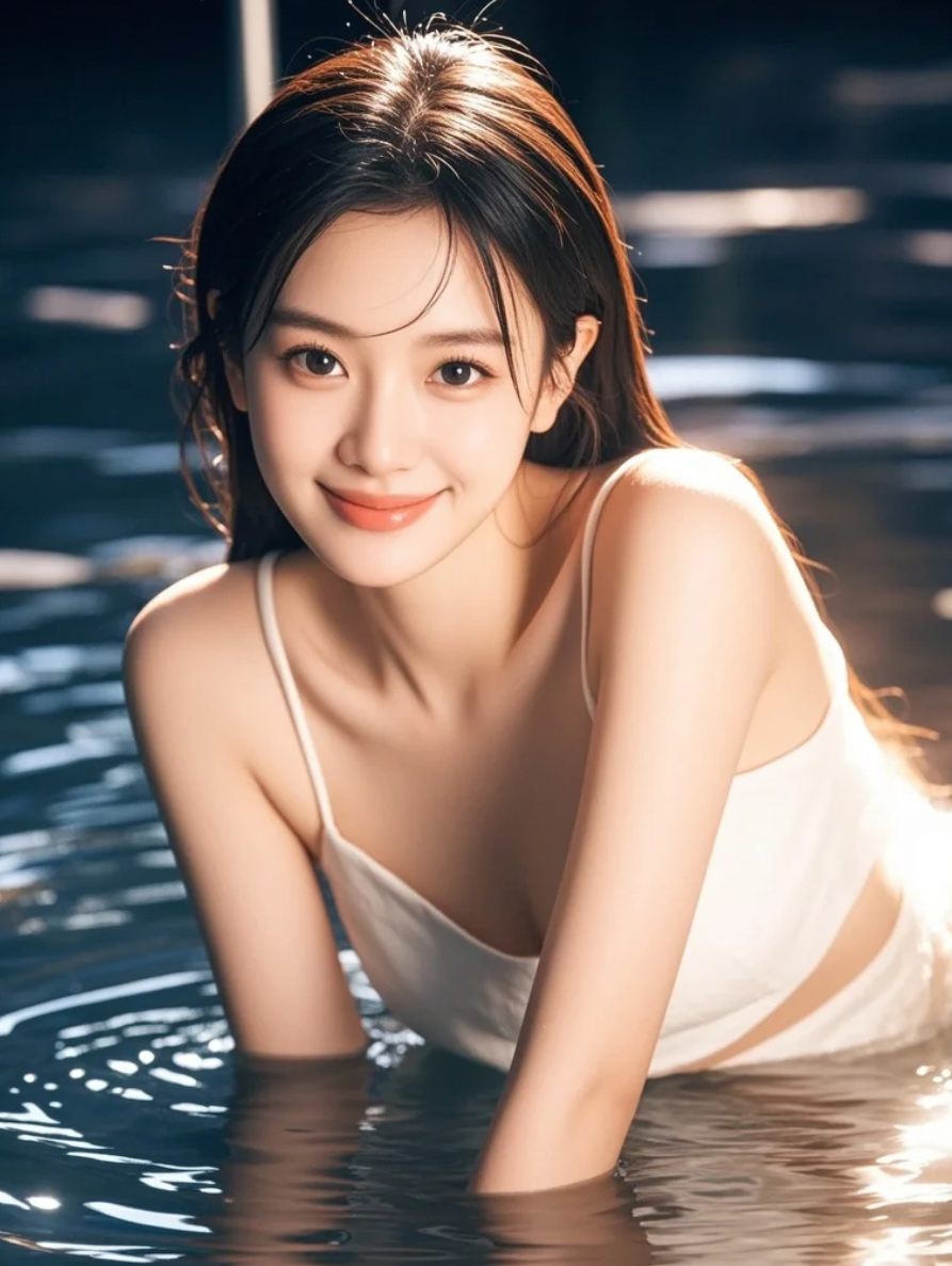 美女临水而立，倒影与容颜交织成画。