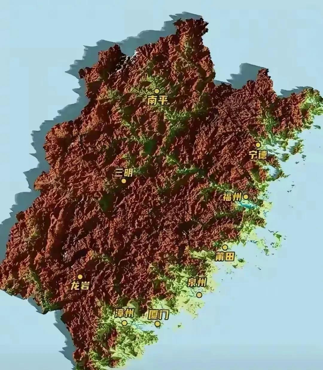 我原以为我们四川山多，看地图才发现福建的山更多，几乎布满全省