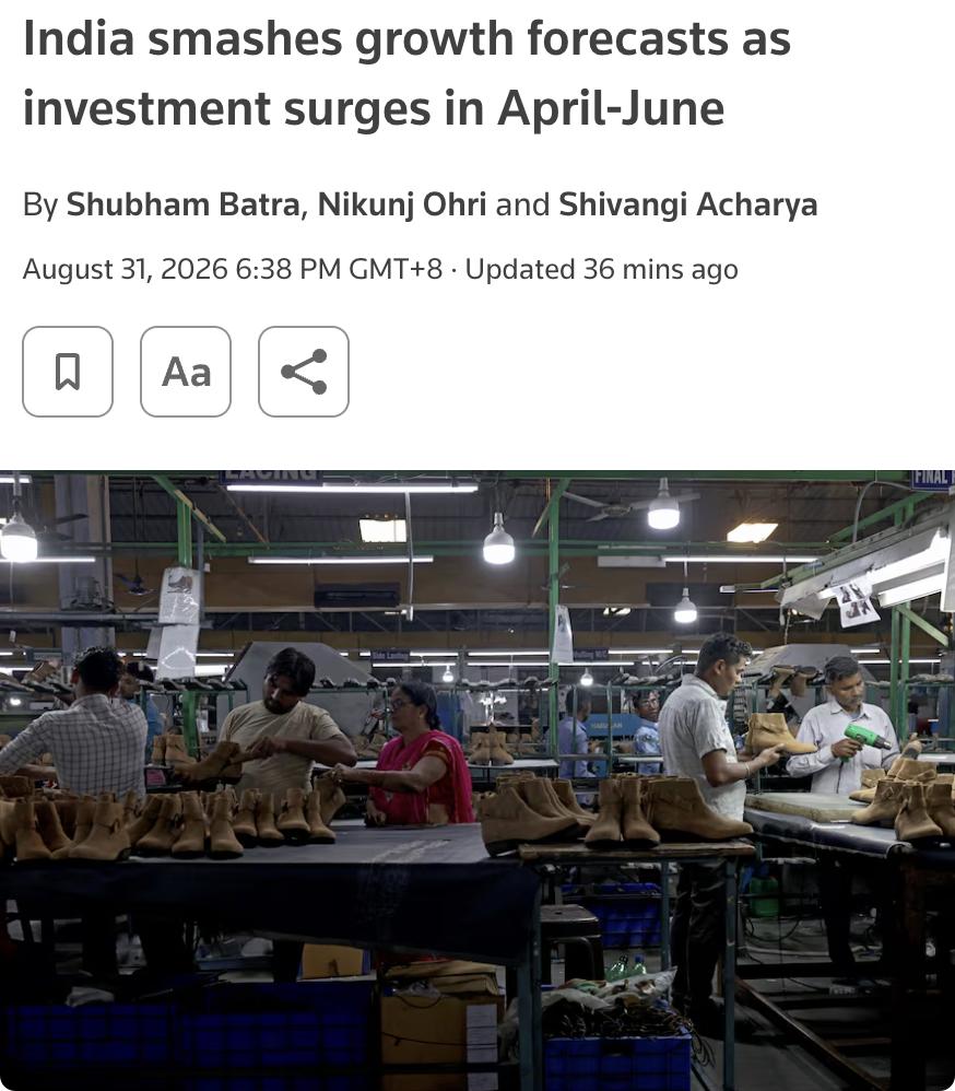 外媒：印度经济在2026年第二季度（4月至6月）表现强劲，同比增长7.8%，大幅
