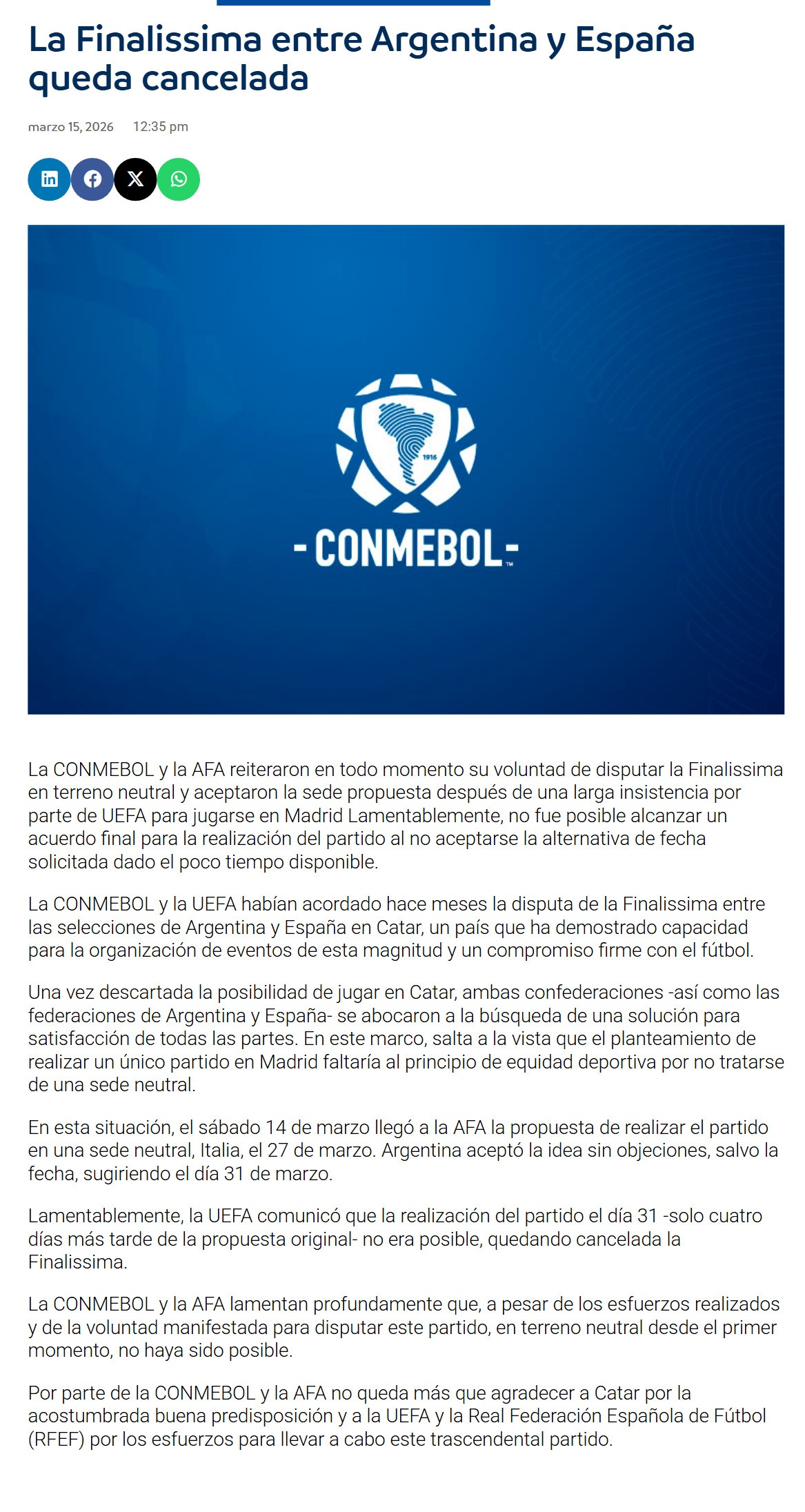 南美足联发布声明宣布欧美杯的比赛取消！南美足联和阿根廷足协始终重申他们愿意在中立