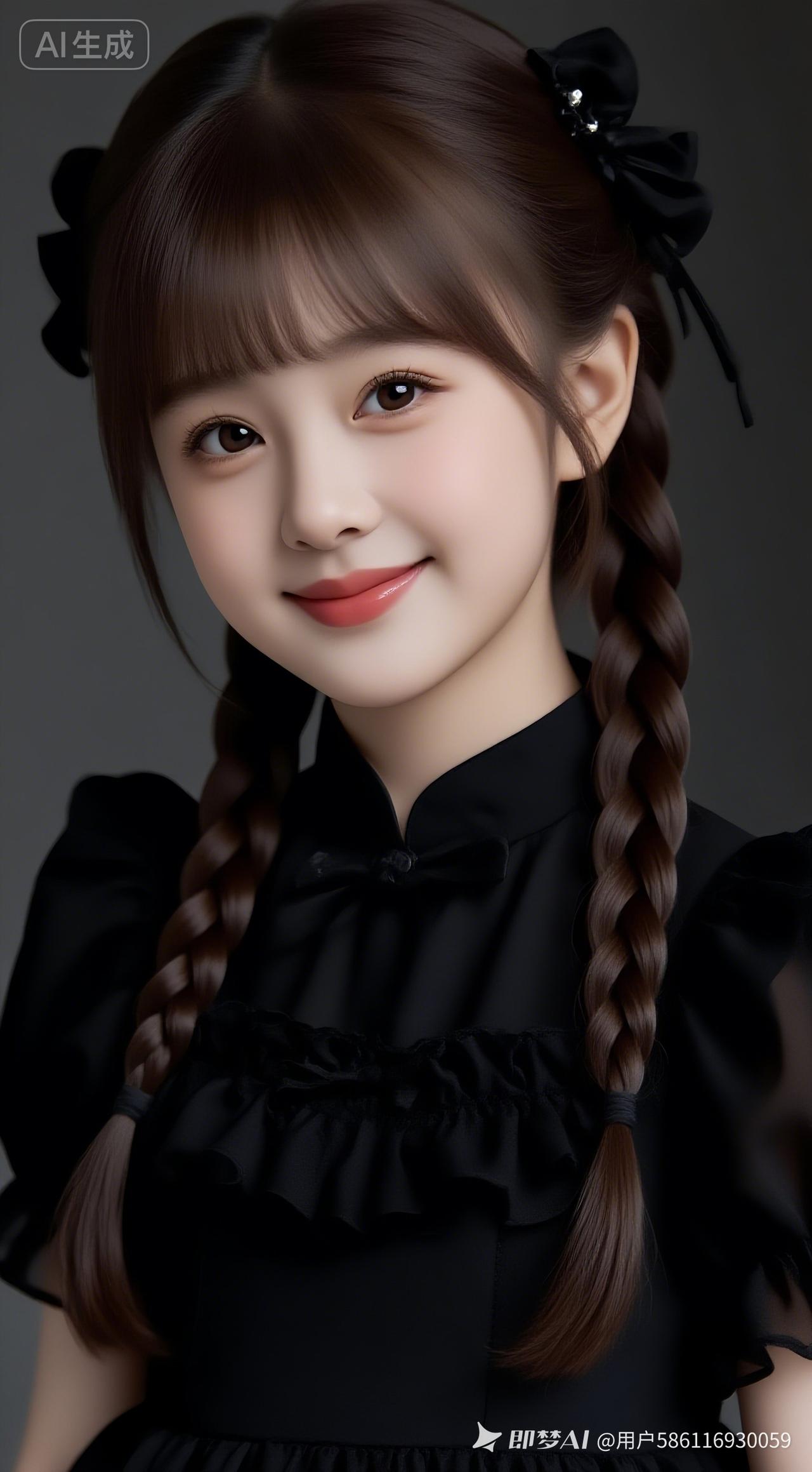 小妹深栗棕森系发丝垂坠泛光，瓷感白肤配黑薄洛丽塔，撇嘴娇俏楚楚可怜。暗调房间冷调