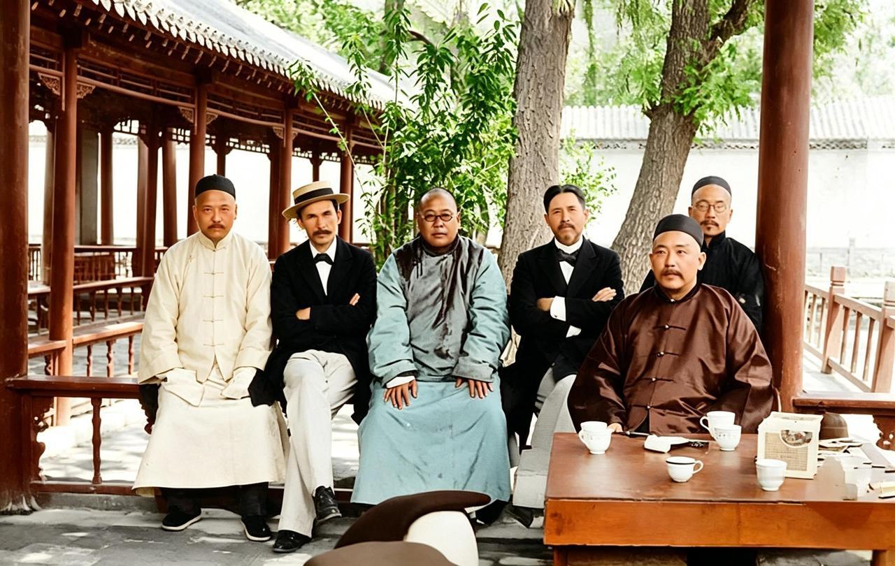 这是一九零一年，山东巡抚袁项城与洋人谈判时，由时任山东商务总局总办唐绍仪（右一）