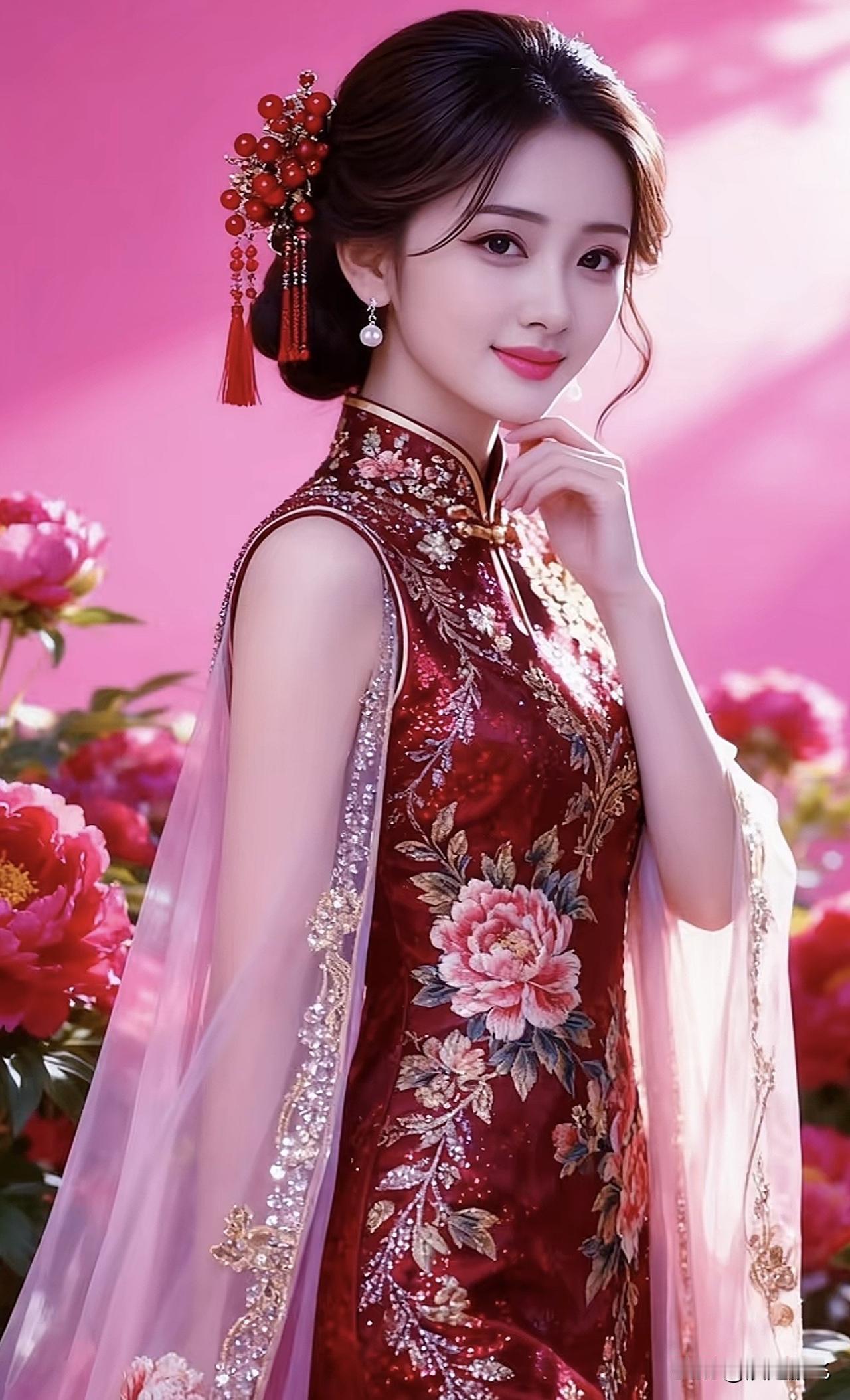 古典美人，红衣花影，温婉动人古典温婉美女古典汉服美人气质红妆女子古典汉服美
