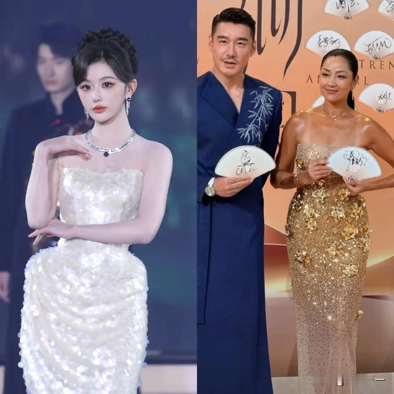 54岁瞿颖红毯再现黄皮健康活力美，穿金色抹胸礼服不输小24岁孔雪儿[爱心]健康
