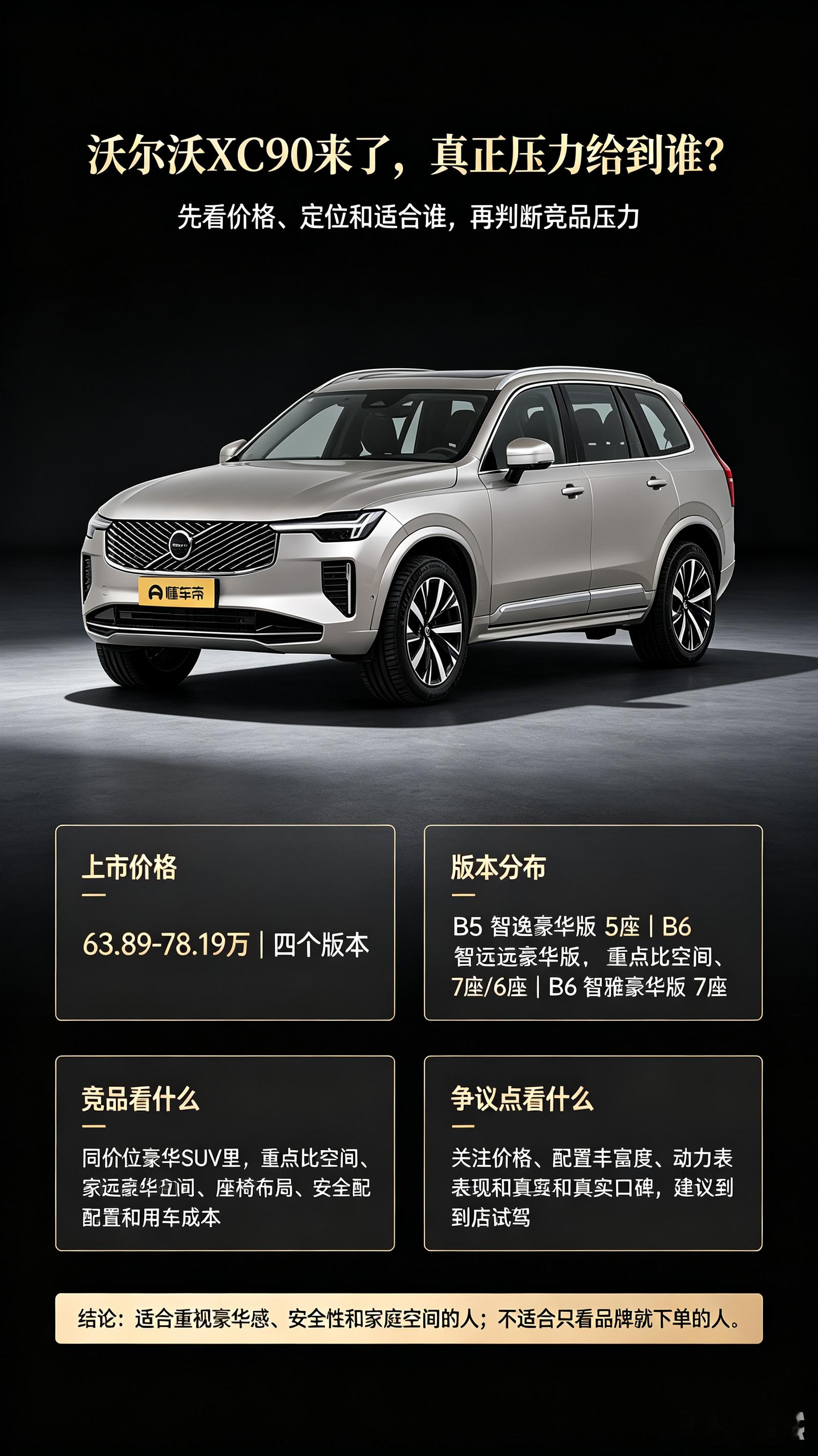 沃尔沃XC90来了，真正压力给到谁？先看价格、定位和适合谁，再判断竞品压力。指导价63.89-78.