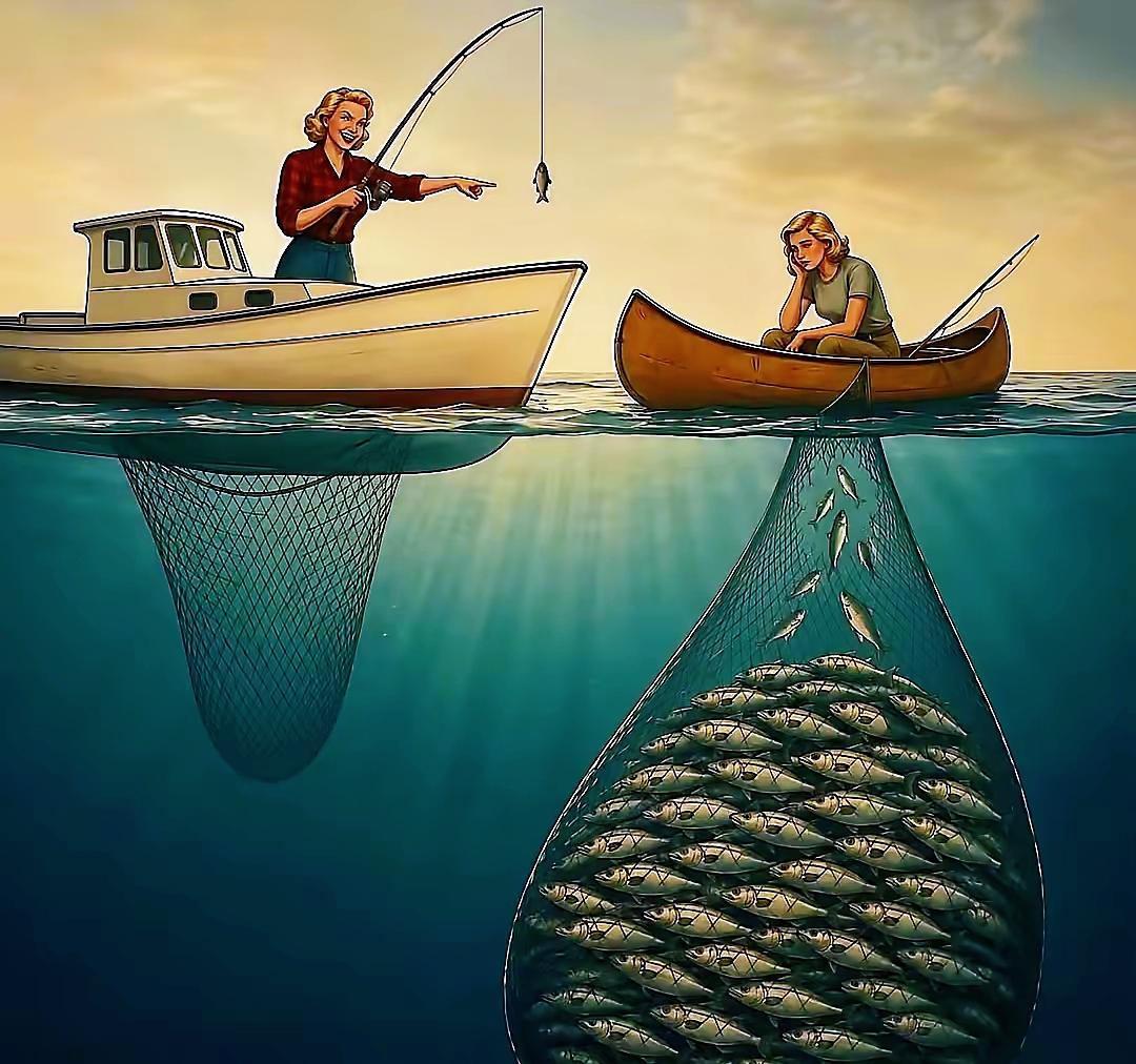 同样出海钓鱼，输赢从来不在水面之上寓意插画格局思维