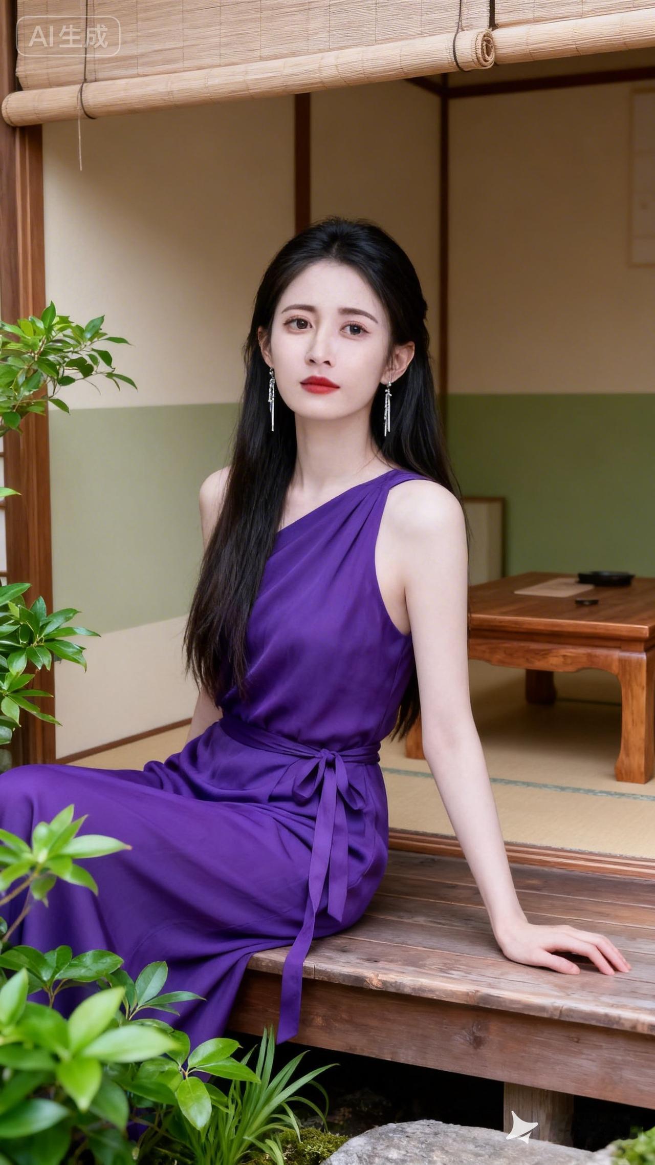 优雅紫裙，静坐竹林间，感受自然之美。
