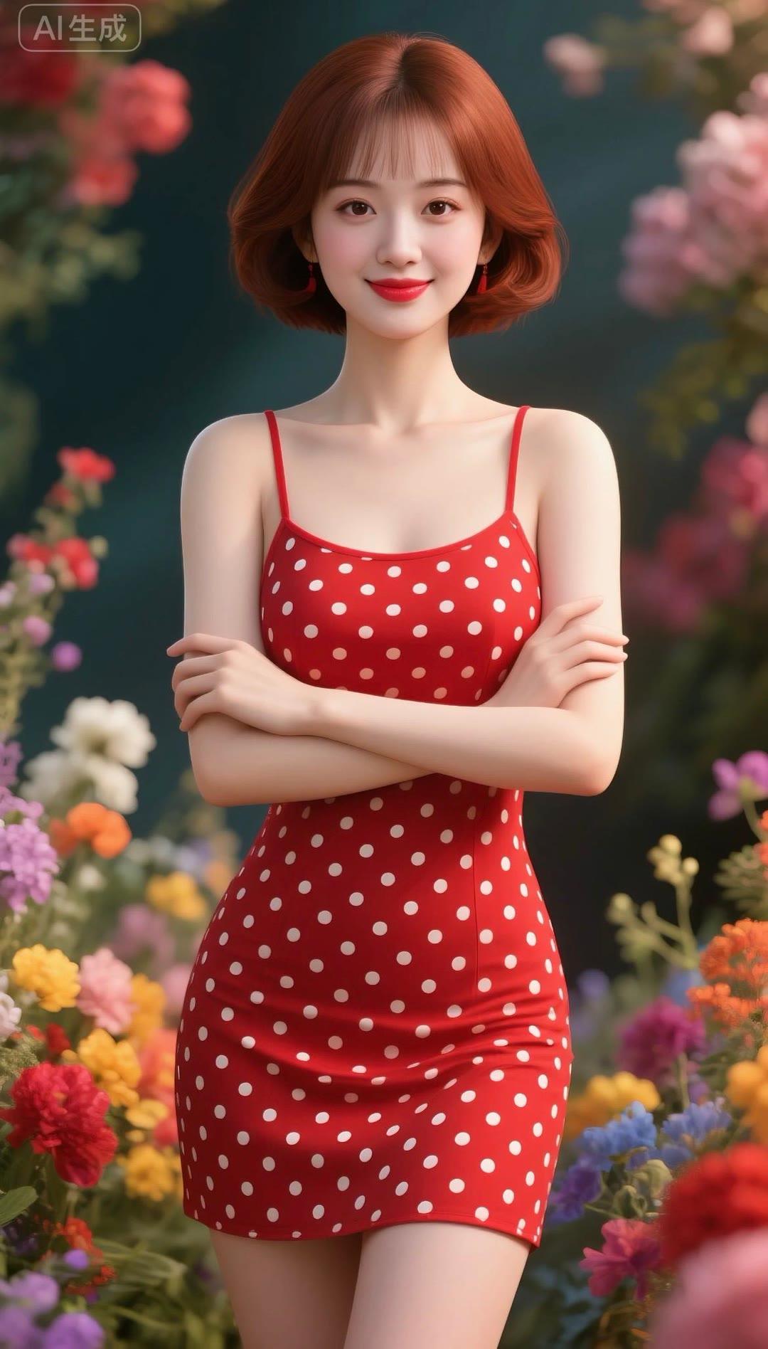 甜美红裙少女，置身花海，绽放青春光彩！🌸💖