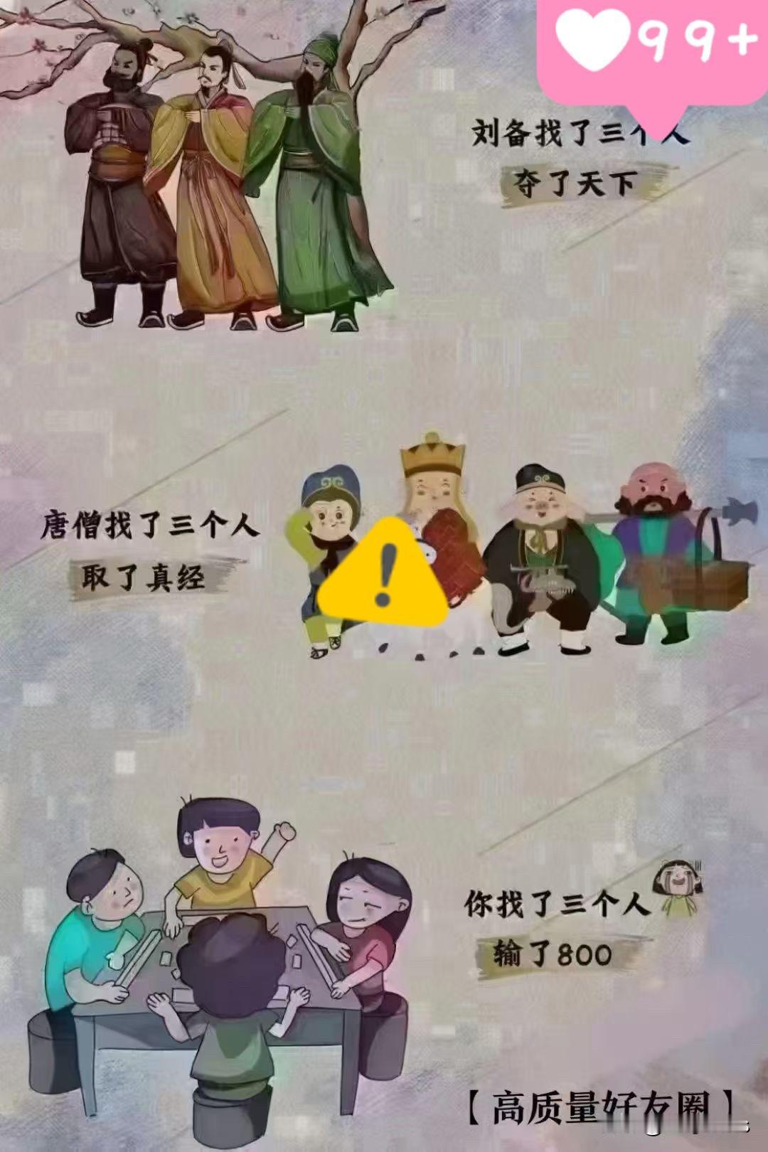 刘备找了3个人，夺得天下、唐僧找了3个人，取得了真经；你找了3个人，输了80