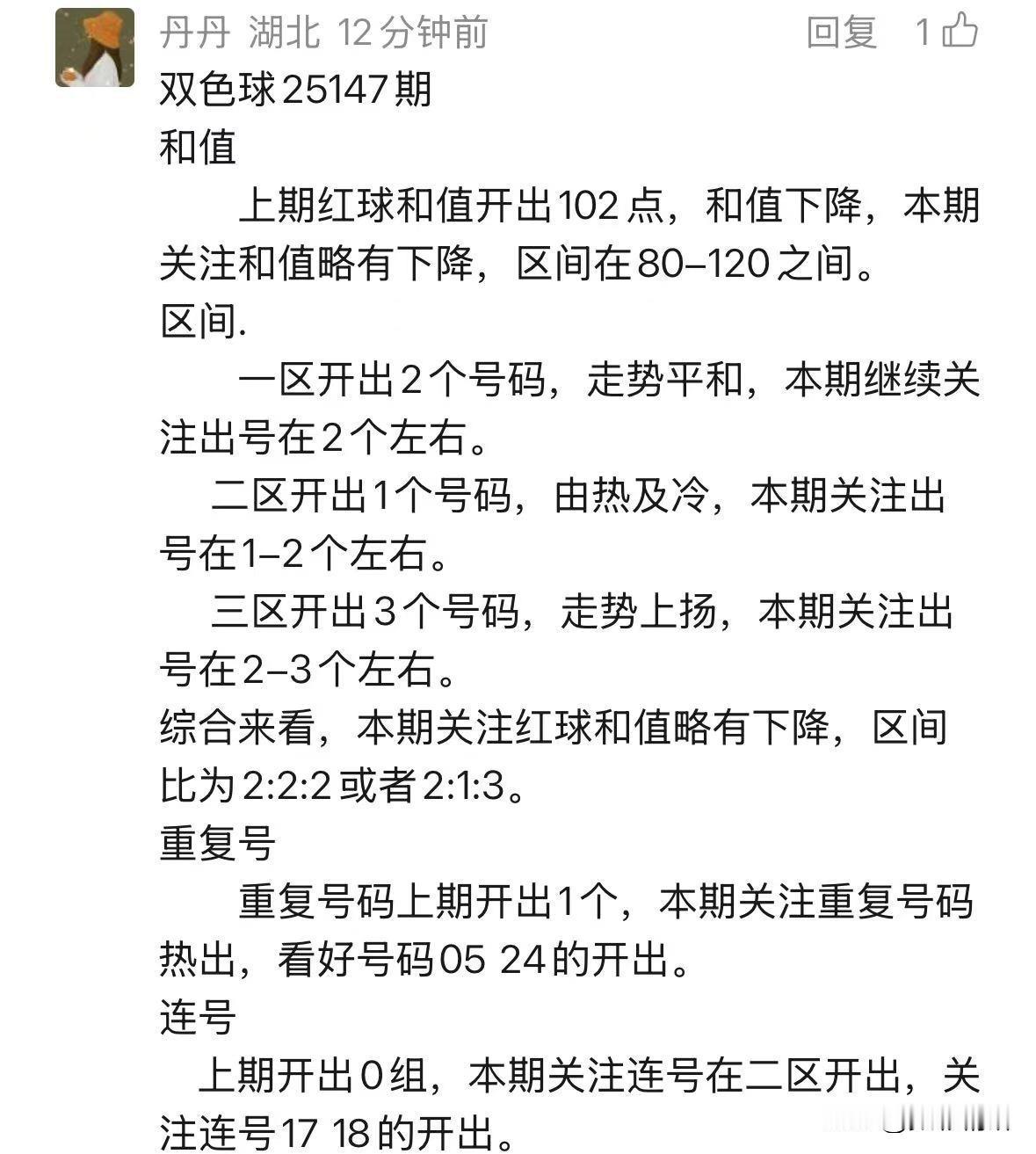 湖北辛丹丹带着她的幸运号码来啦！本期15+4精选组合新鲜出炉：红球02、05、1