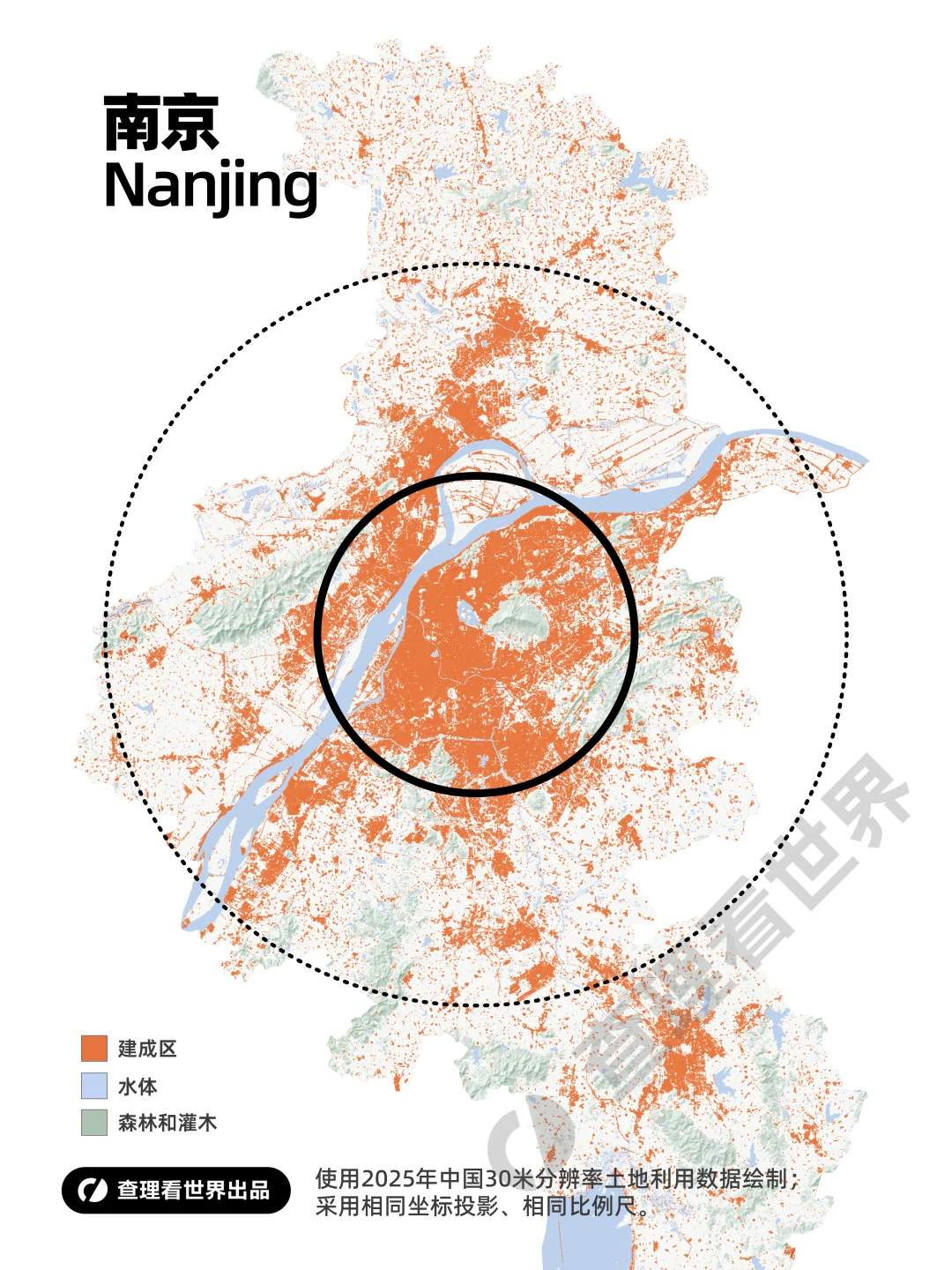 长三角双子星南京和杭州・建成区同尺度对比