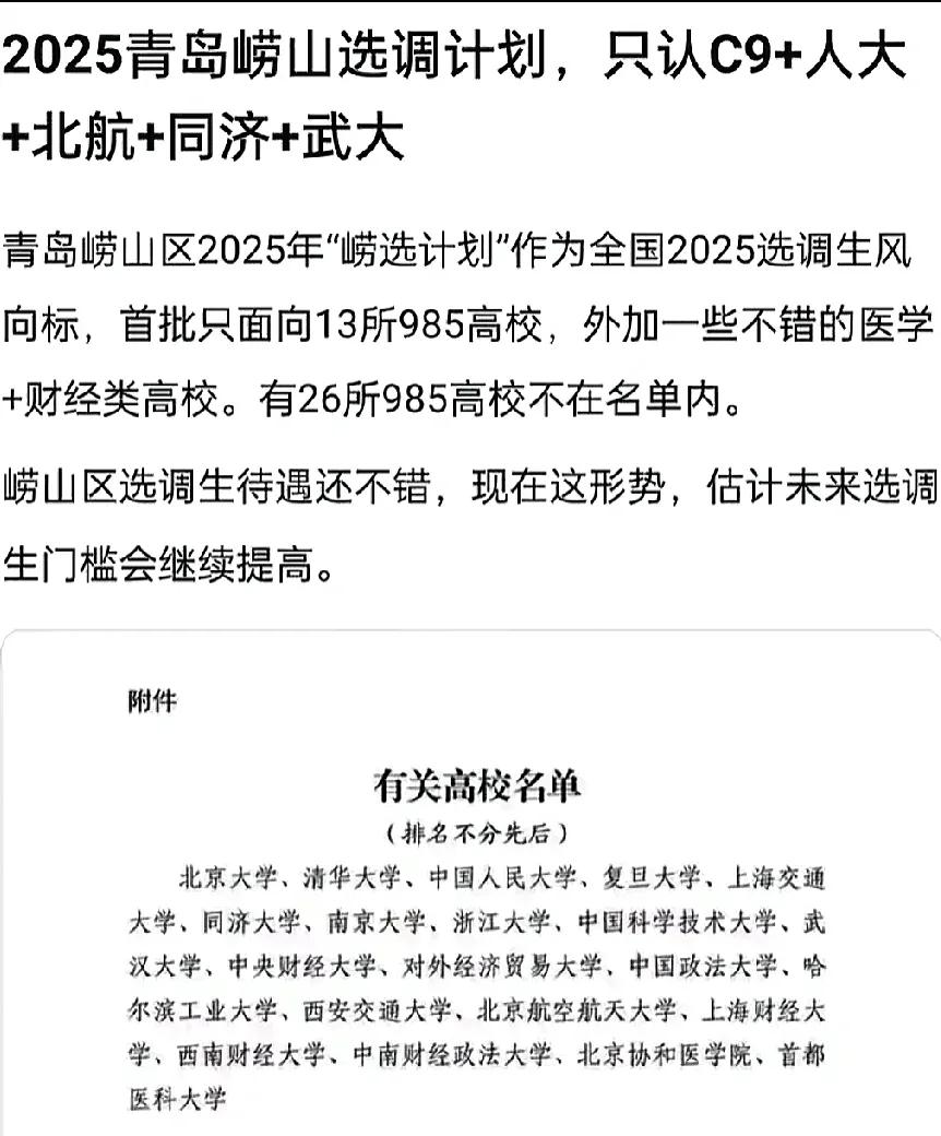 青岛真是公正无私，选调连山大，海大，石大都不作考虑！2025年青岛开了个好