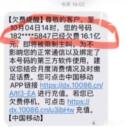 10月4日，贵州毕节施先生收到10086官方短信，提示号码欠费16.1亿元，即将