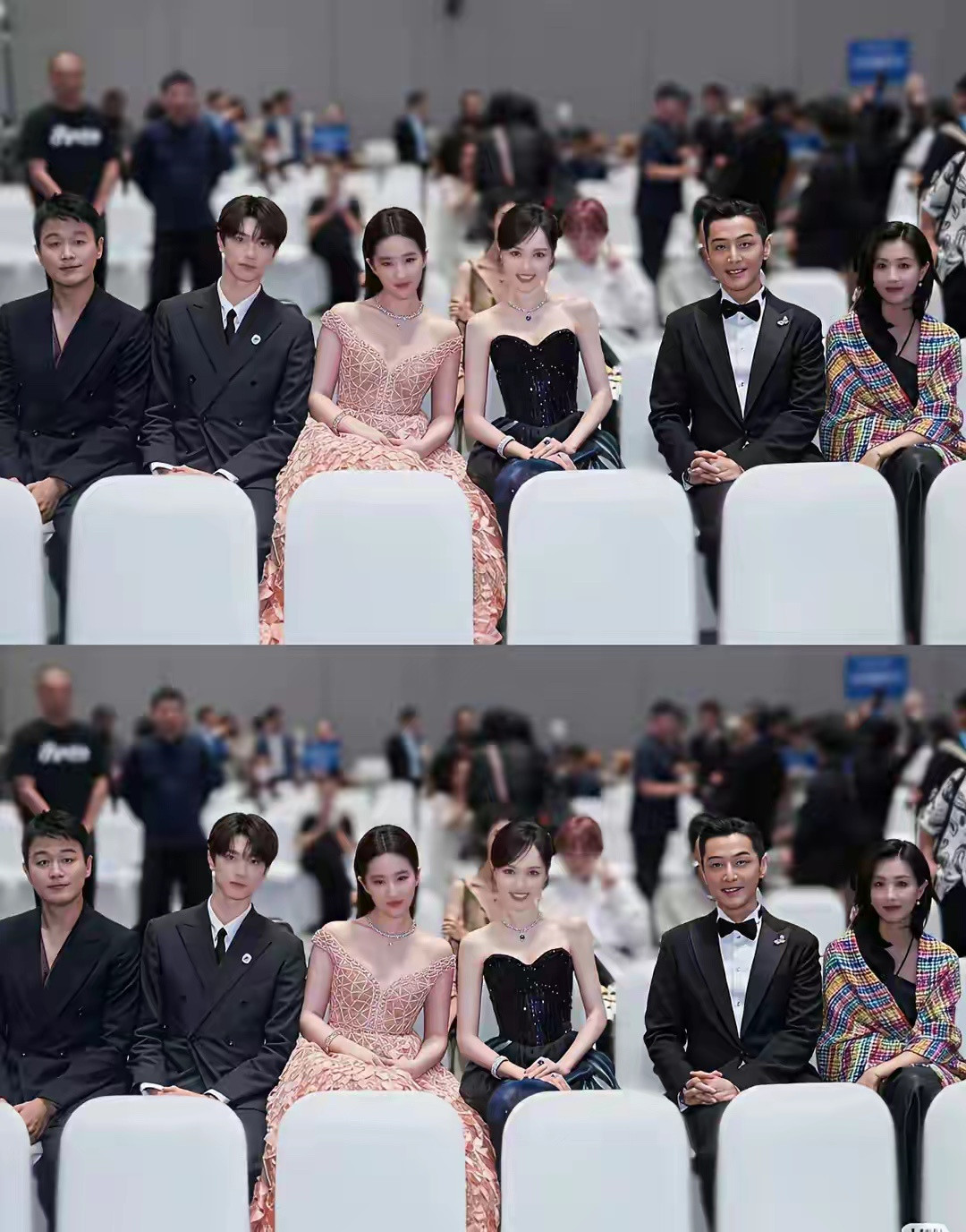 一眼就看到了坐在c位的唐嫣和刘亦菲，不管是五官气质都是绝佳