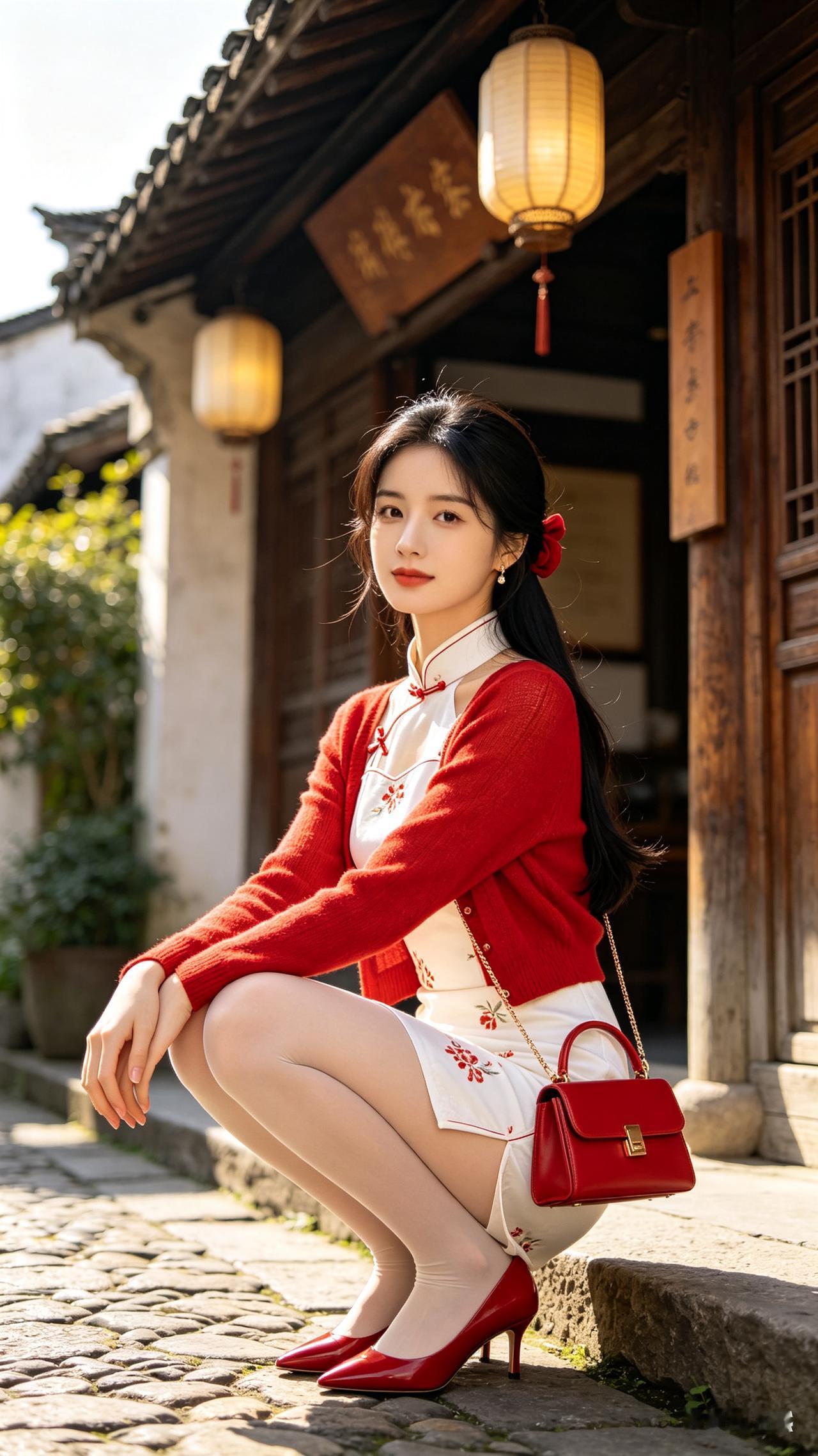 低马尾少女身着白刺绣吊带裙外搭红外衫，蹲于鹅卵石路面撑膝回眸。木屋灯笼框景，暖阳