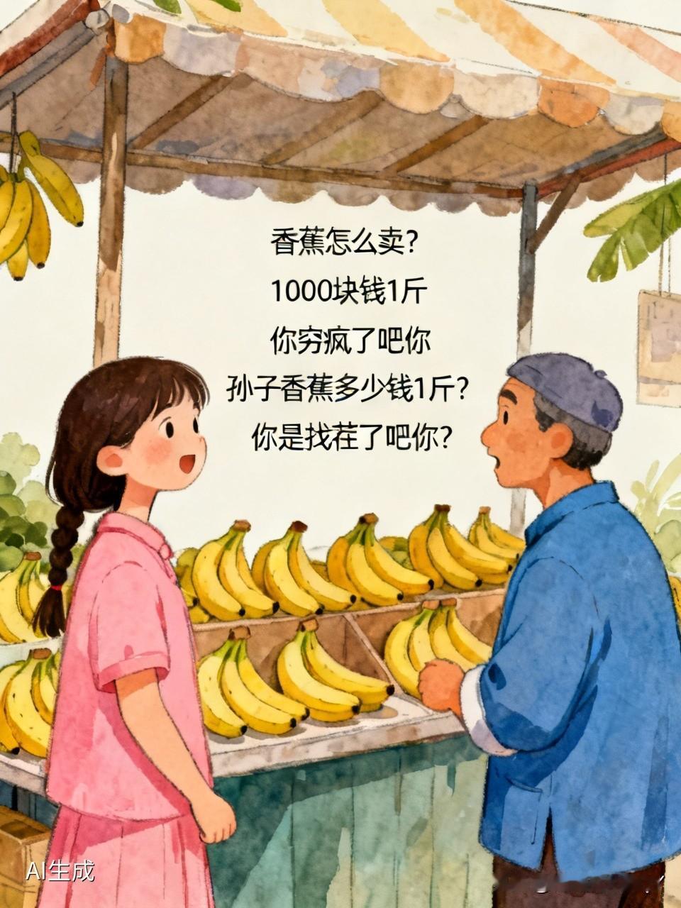 有位美女走到一个卖香蕉的摊位前，问道：“大爷，您这香蕉怎么卖？”卖香蕉的摊主急了