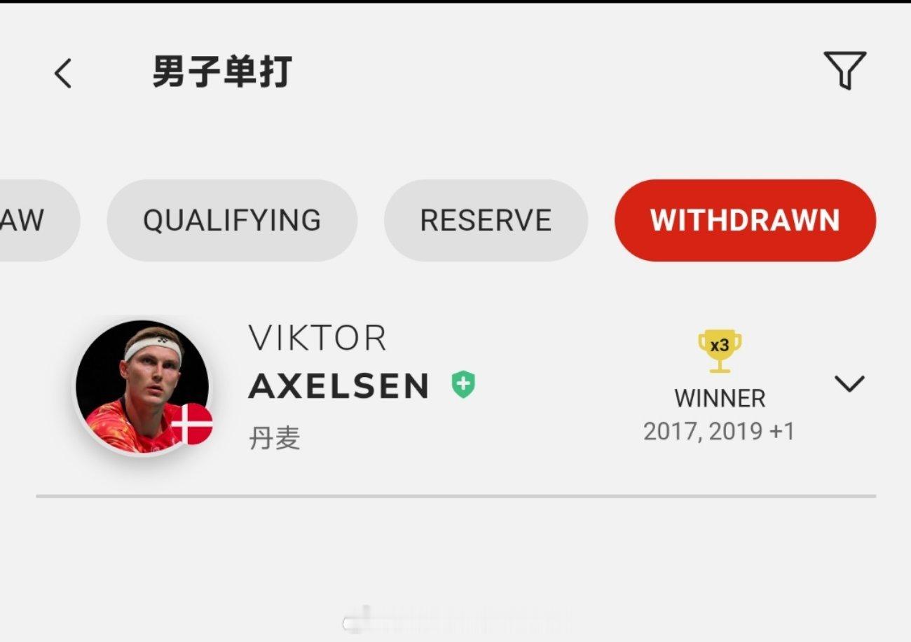 据世界羽联官方显示：丹麦🇩🇰名将安赛龙相继退出了2026年马来西亚羽毛球公开