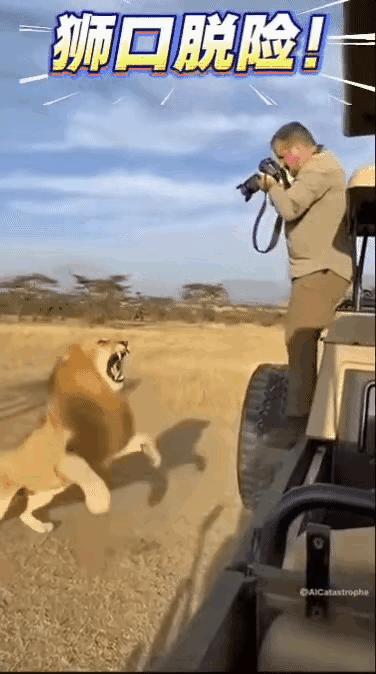非洲草原上一头雄狮突然扑向摄影师，爪子几乎贴脸，摄像机当场被拍飞。视频里狮子先