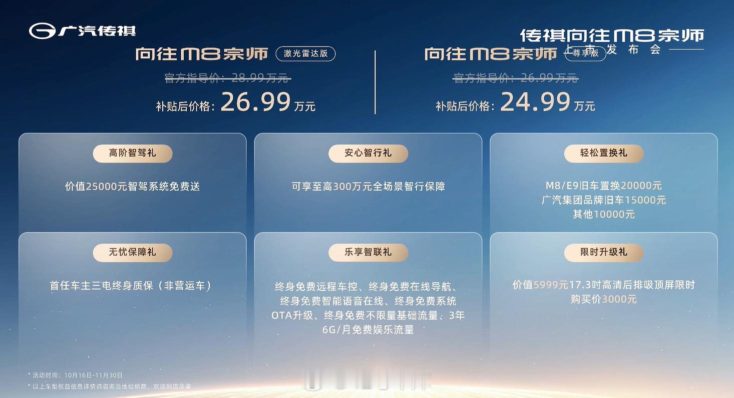 传祺新MPV「向往M8宗师」上市，共推出两个配置，尊享版售价26.99