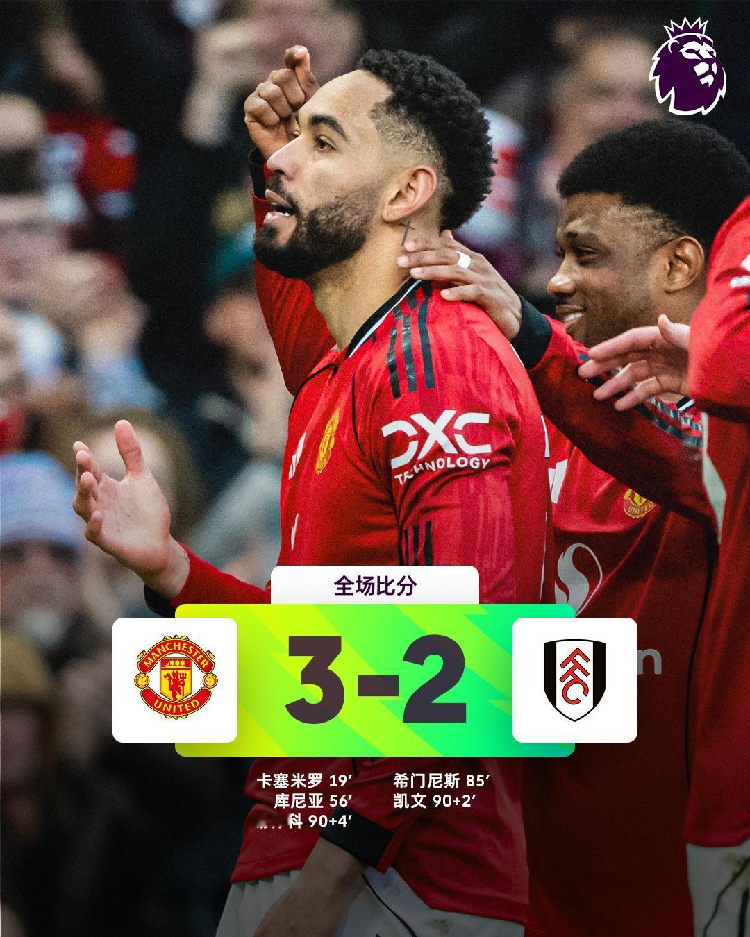 全场比分丨曼联3-2富勒姆⚽第19分钟，B费开出禁区右侧任意球，卡塞米罗
