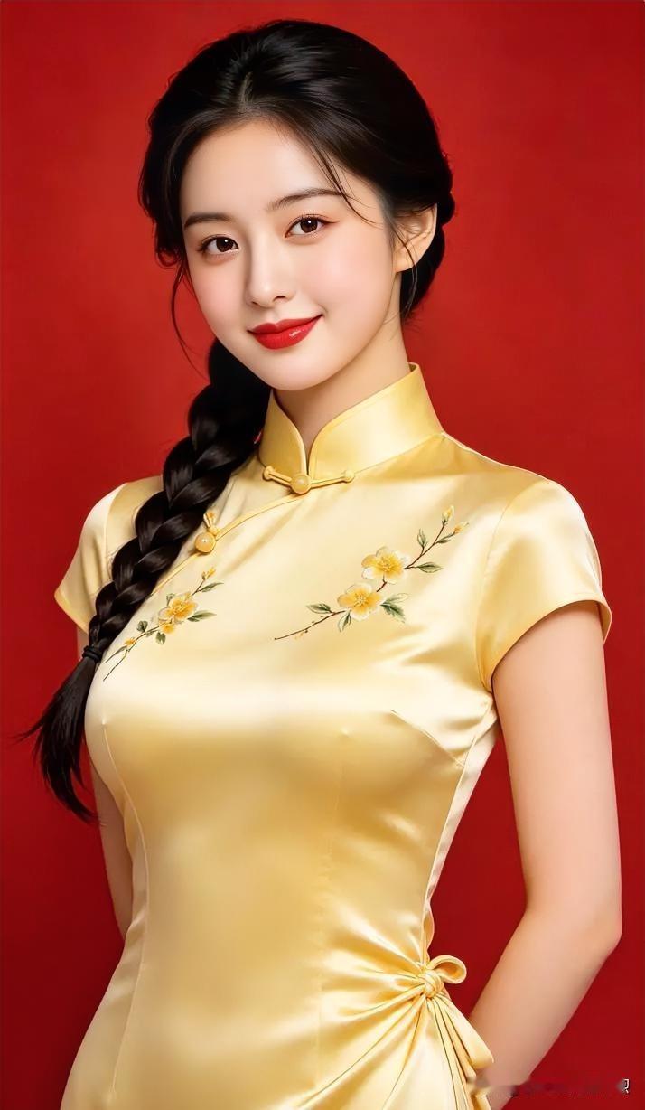 鹅黄缎面绣春意，红底麻花辫添俏皮。明眸浅笑，温婉灵动尽显东方少女之美。