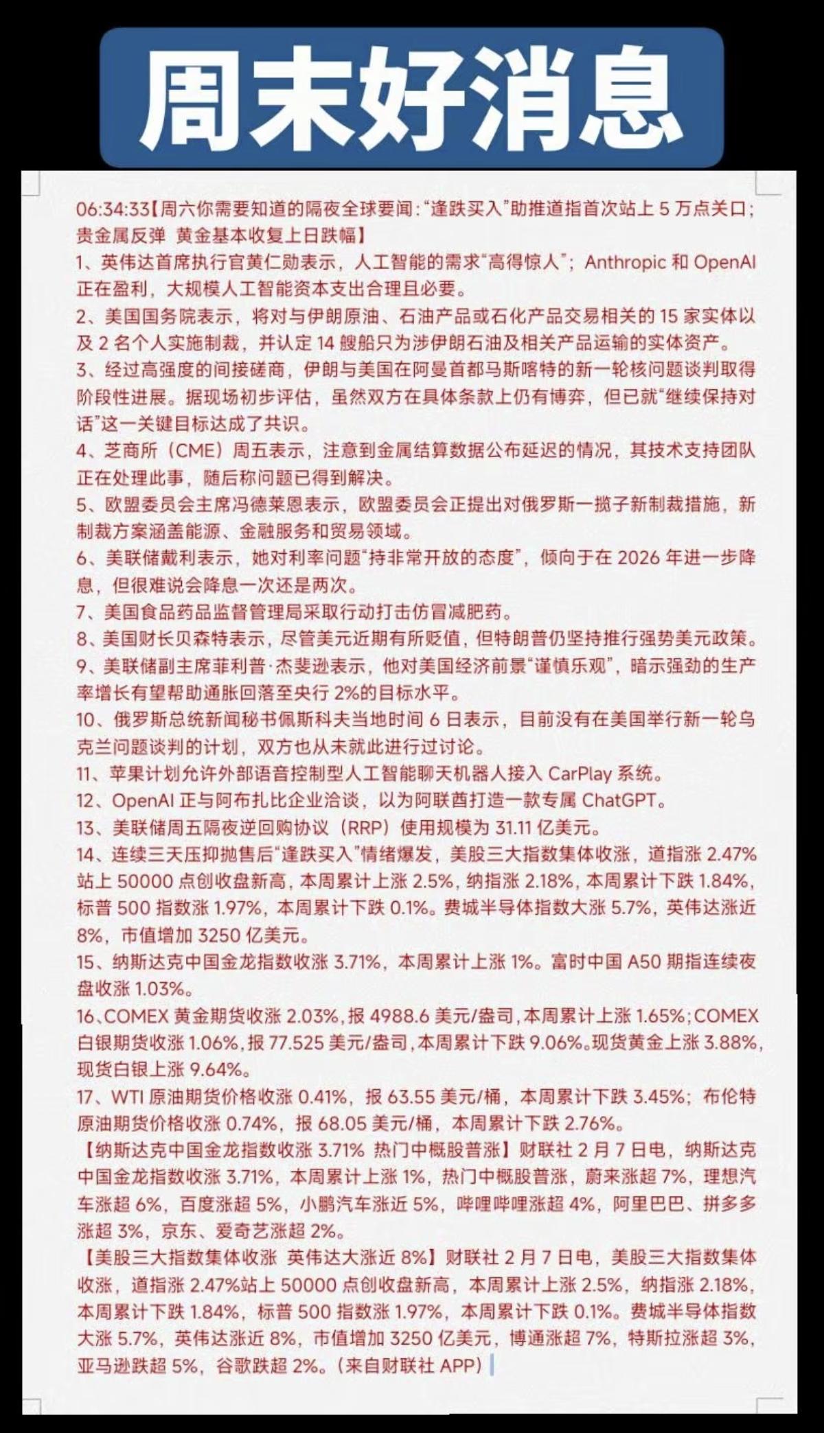 2.7周六全球周末财经：利好消息汇总！1.黄仁勋：人工智能大模型2.美