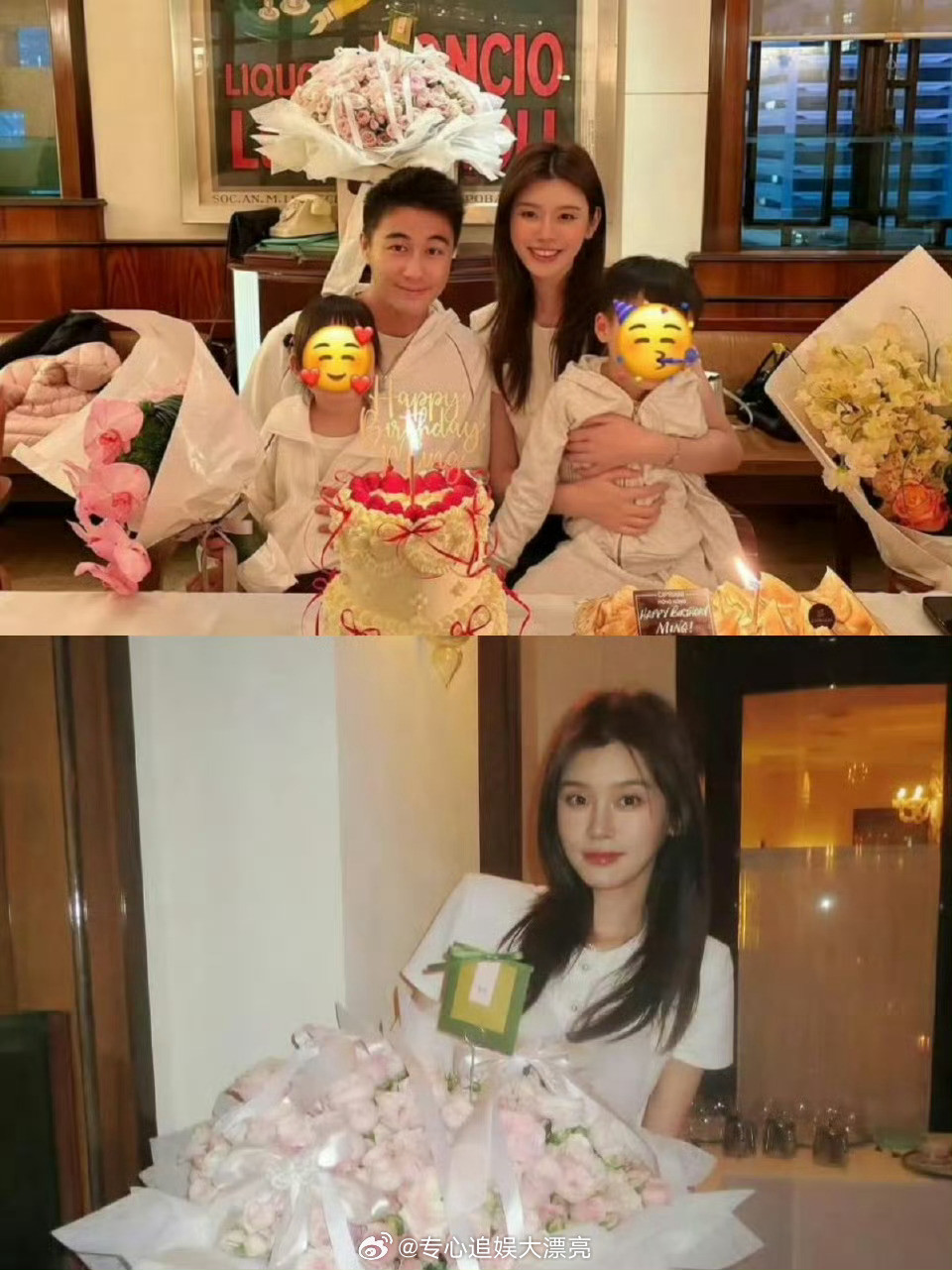 何猷君为奚梦瑶庆37岁生日照片中一家四口身穿同色系休闲装，何猷君紧搂奚梦瑶，夫妻