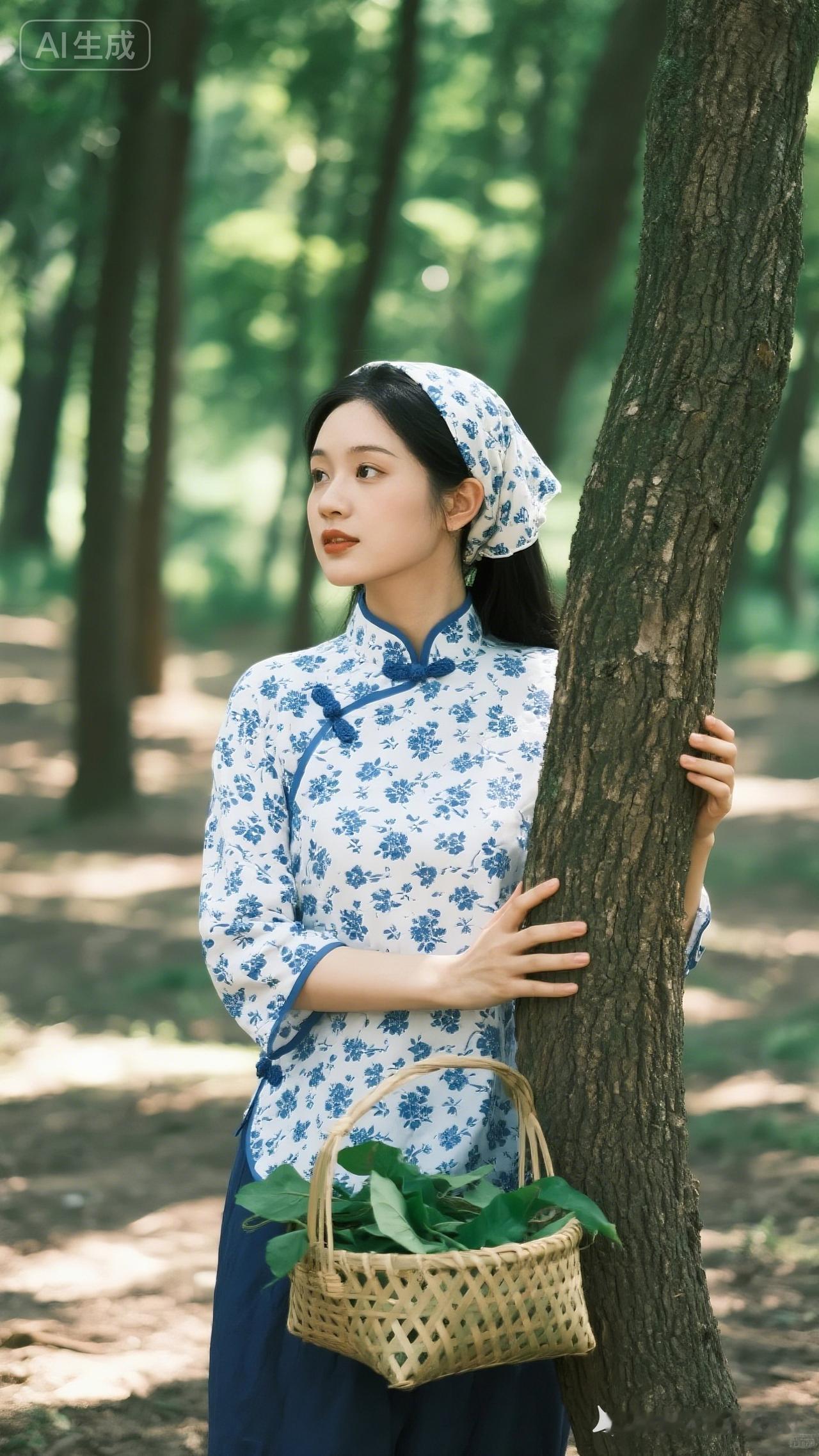 蓝白相间的旗袍，树下的少女，手提竹篮，清新自然。