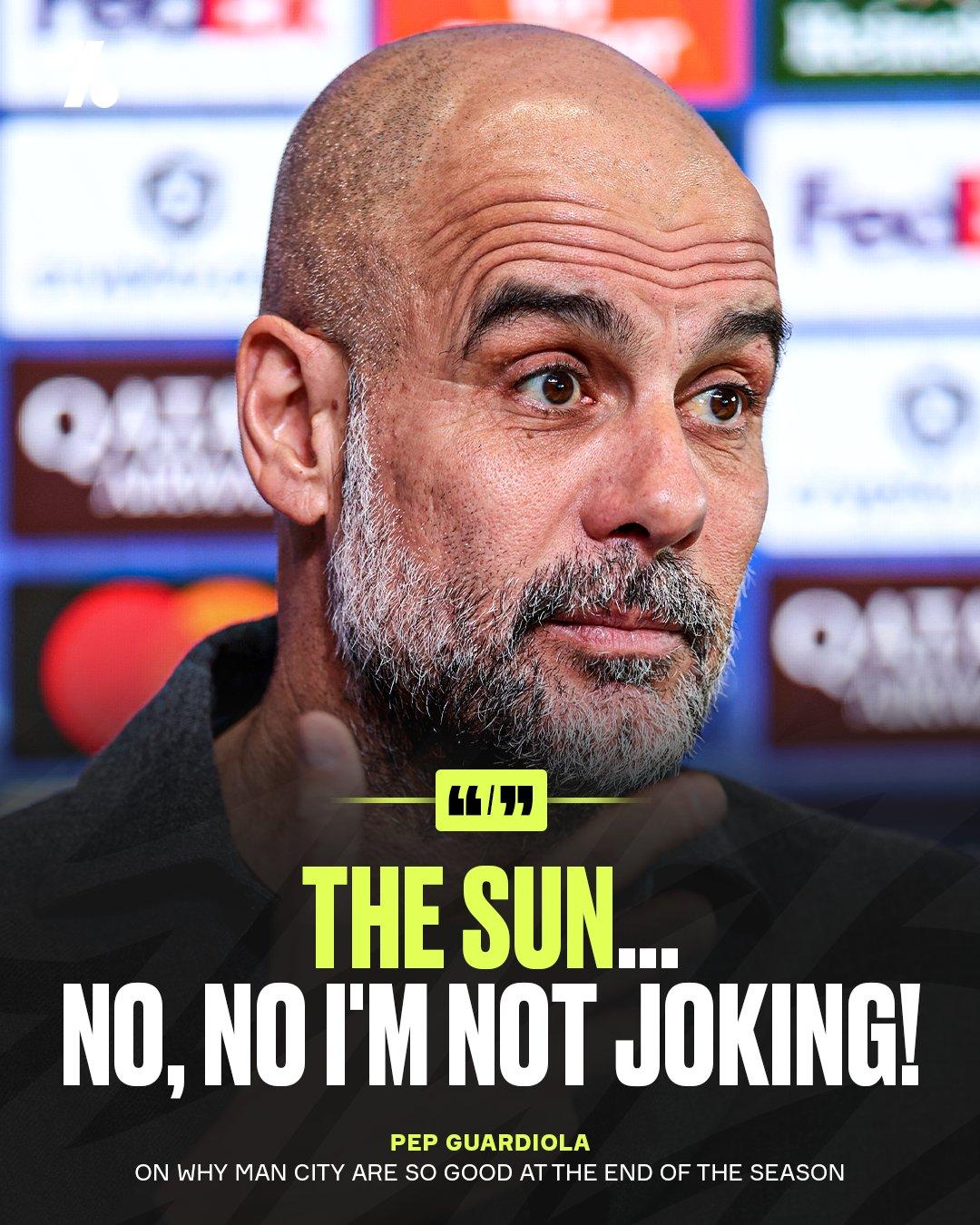 给点阳光就灿烂，瓜帅新理论，曼城赢球的秘诀是太阳。好了，阿尔特塔可以把球队糟糕表