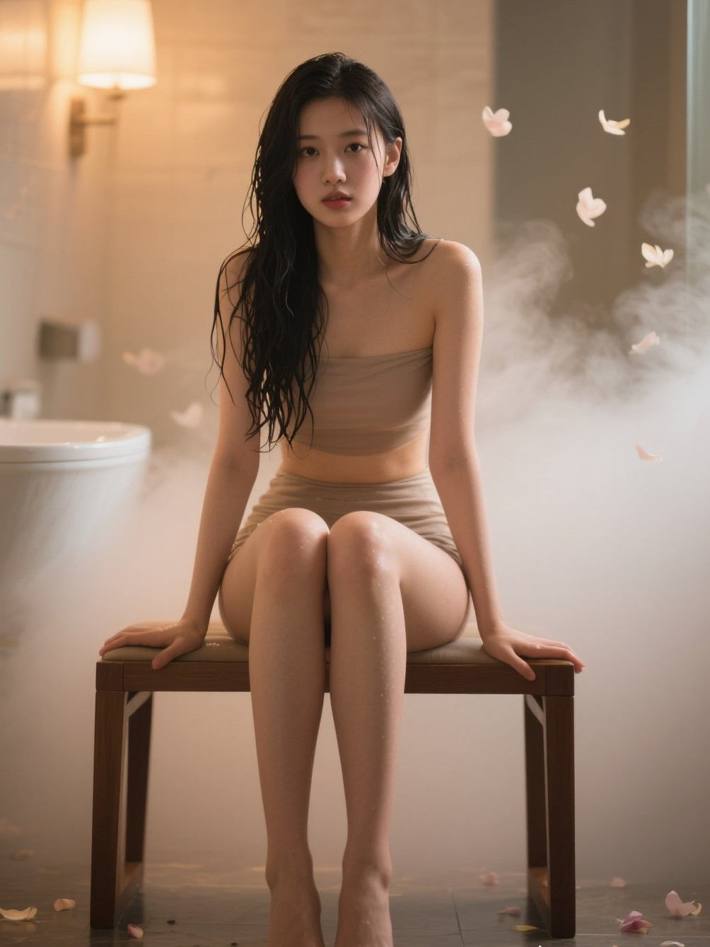 湿发红唇佳人，浴室风情万种