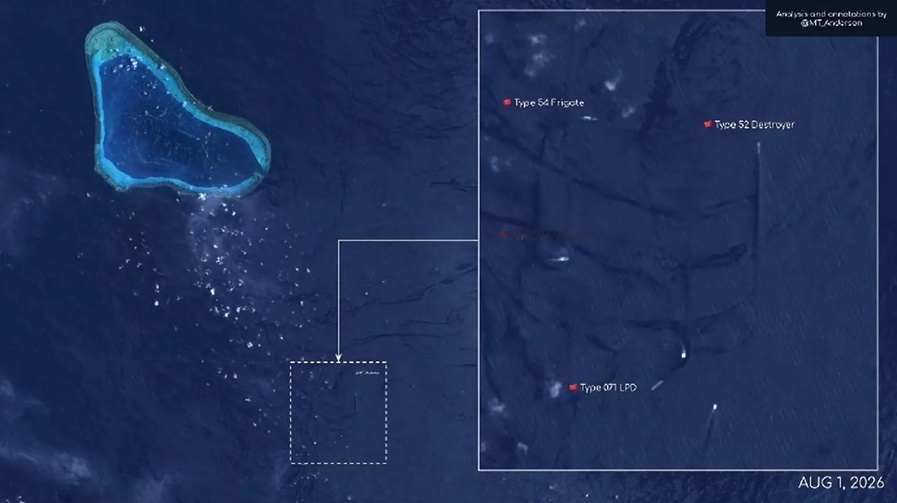 中国海军在黄岩岛部署了4艘军舰，严阵以待！西方商业卫星照片显示，目前黄岩岛附