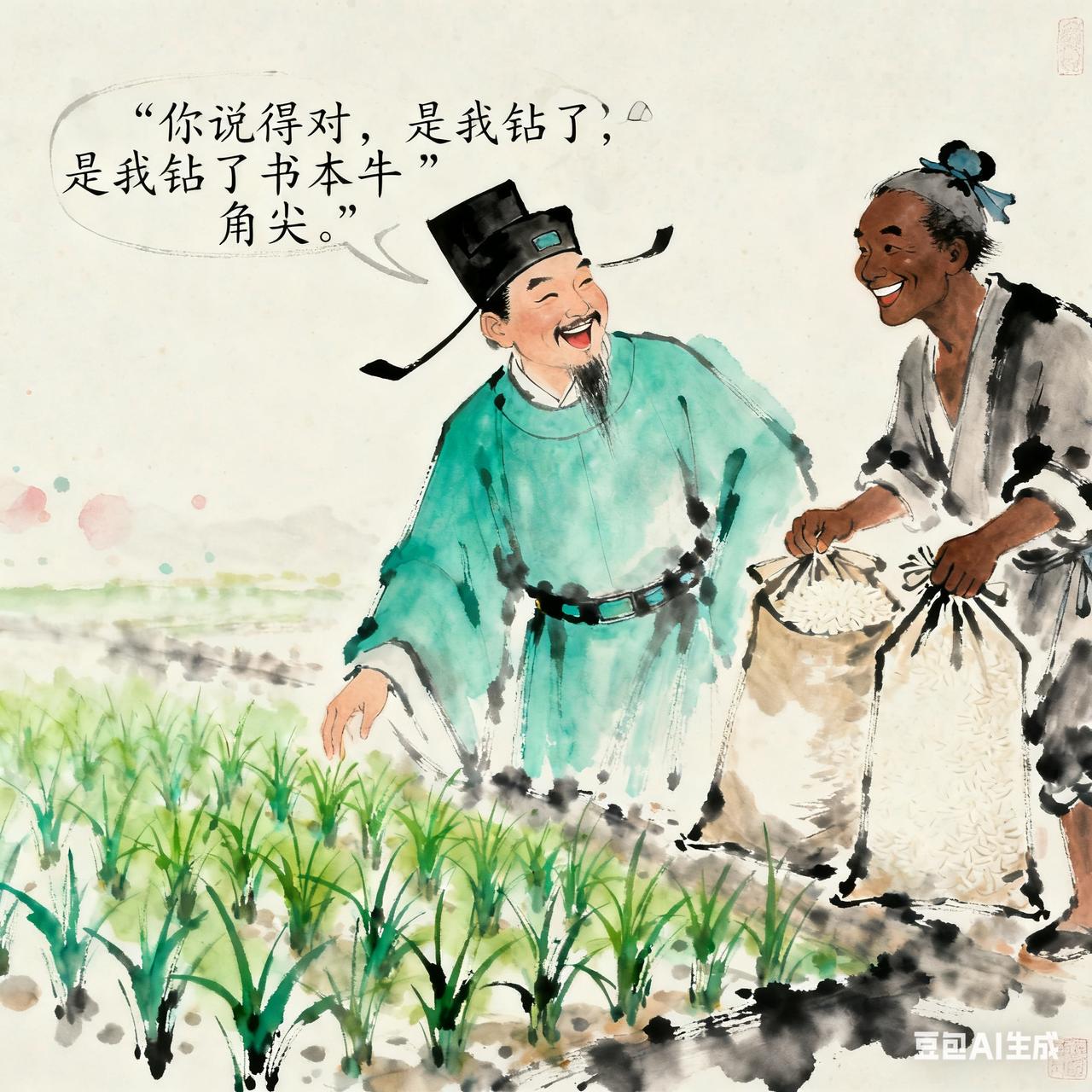 古代笑话县太爷下乡巡查，见农夫在田里插秧，想显显学问，站在田埂上问：