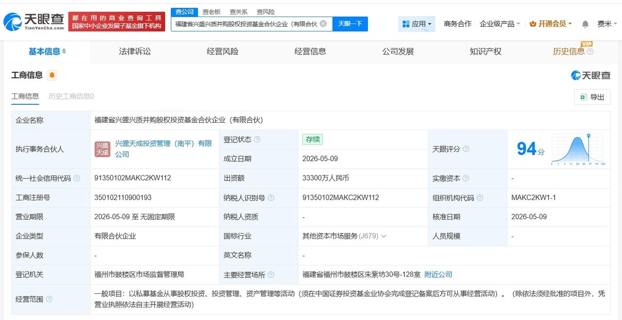 兴业银行等成立兴盛兴质并购股权投资基金出资额3.33亿天眼查App显示，近