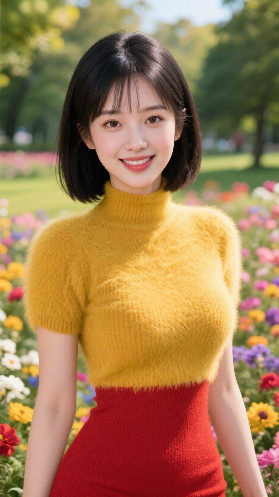 黄绒裹着花田柔暖风携花田甜香漫过肩头，她像把日光揉作一身暖黄与艳红——毛绒