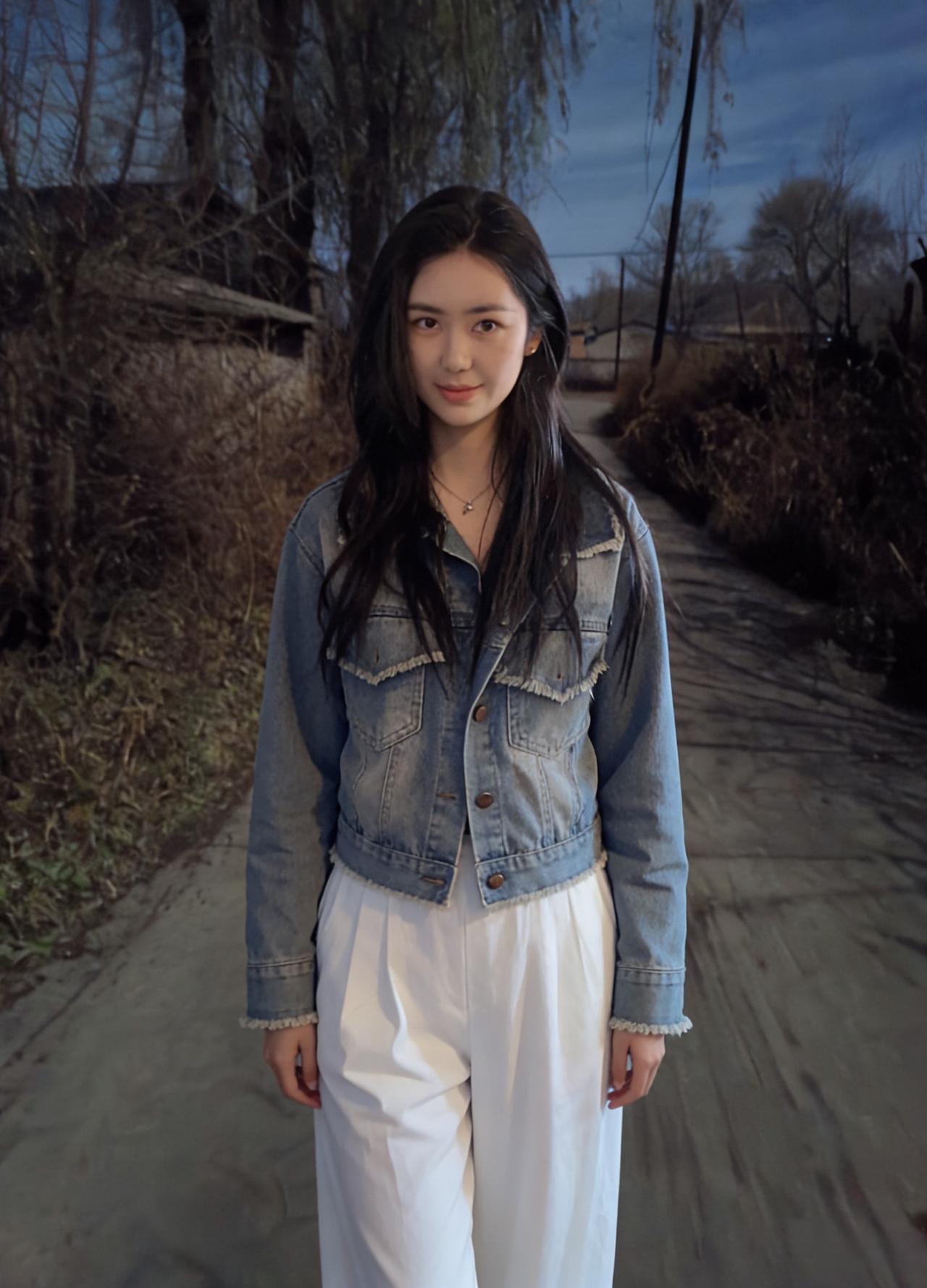 柳枝在暮色里摇曳，像无声的叹息她站在乡间小路，是旷野的精灵牛仔外套的毛边，是