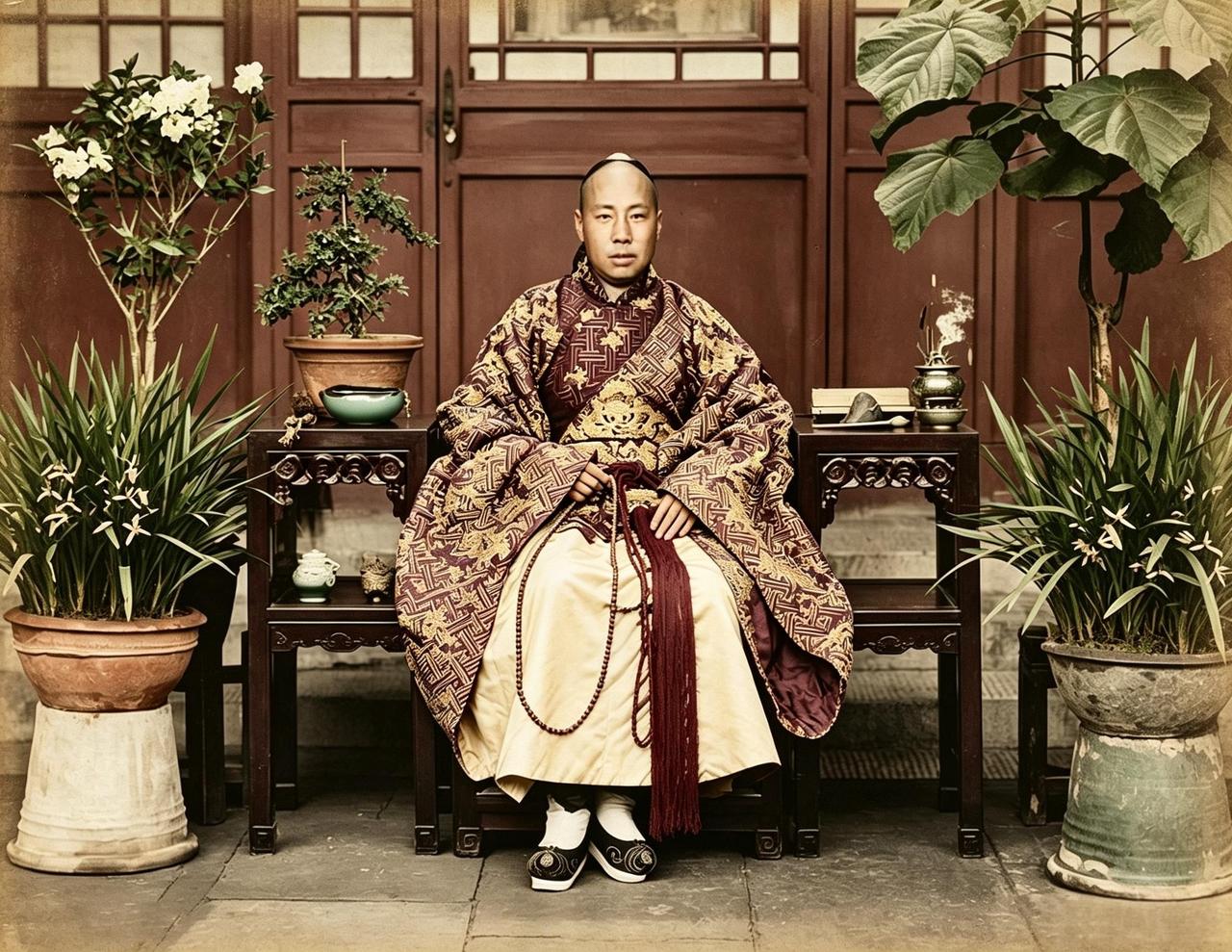 这位体态丰腴、面相富贵的男子，乃是清宫内廷的一名太监。他身着一袭华美异常的袍服，