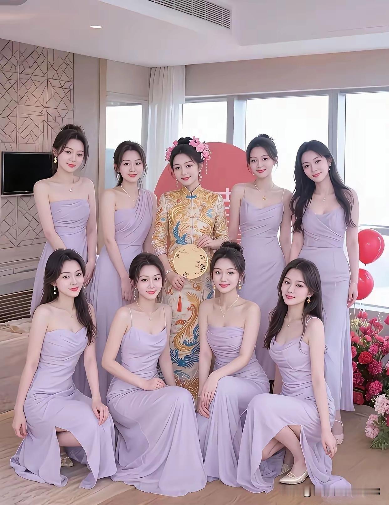 一场婚礼拍下的合照，伴娘团个个颜值在线。前排的四位美女气质都很好，看得人眼前