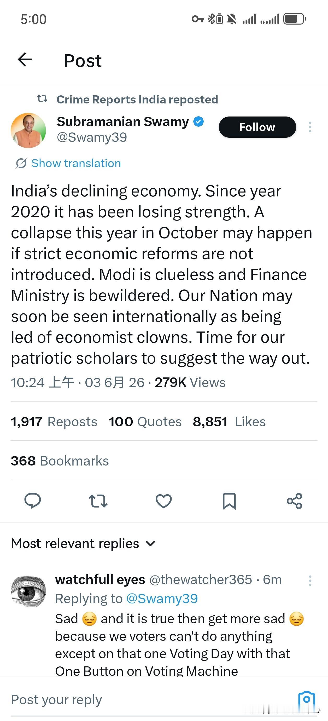 印度经济正在衰退。自2020年以来，它一直在失去力量。如果不进行严格的经济改革，