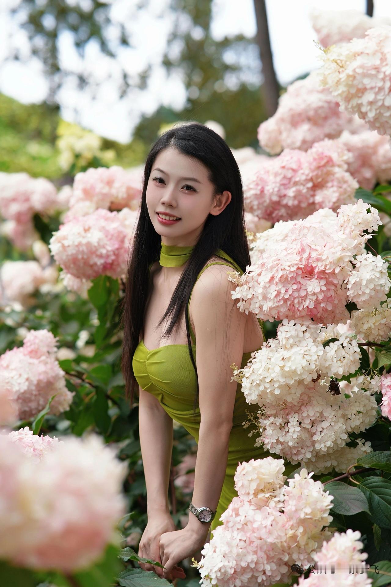 一个美女站在花丛中，好美！