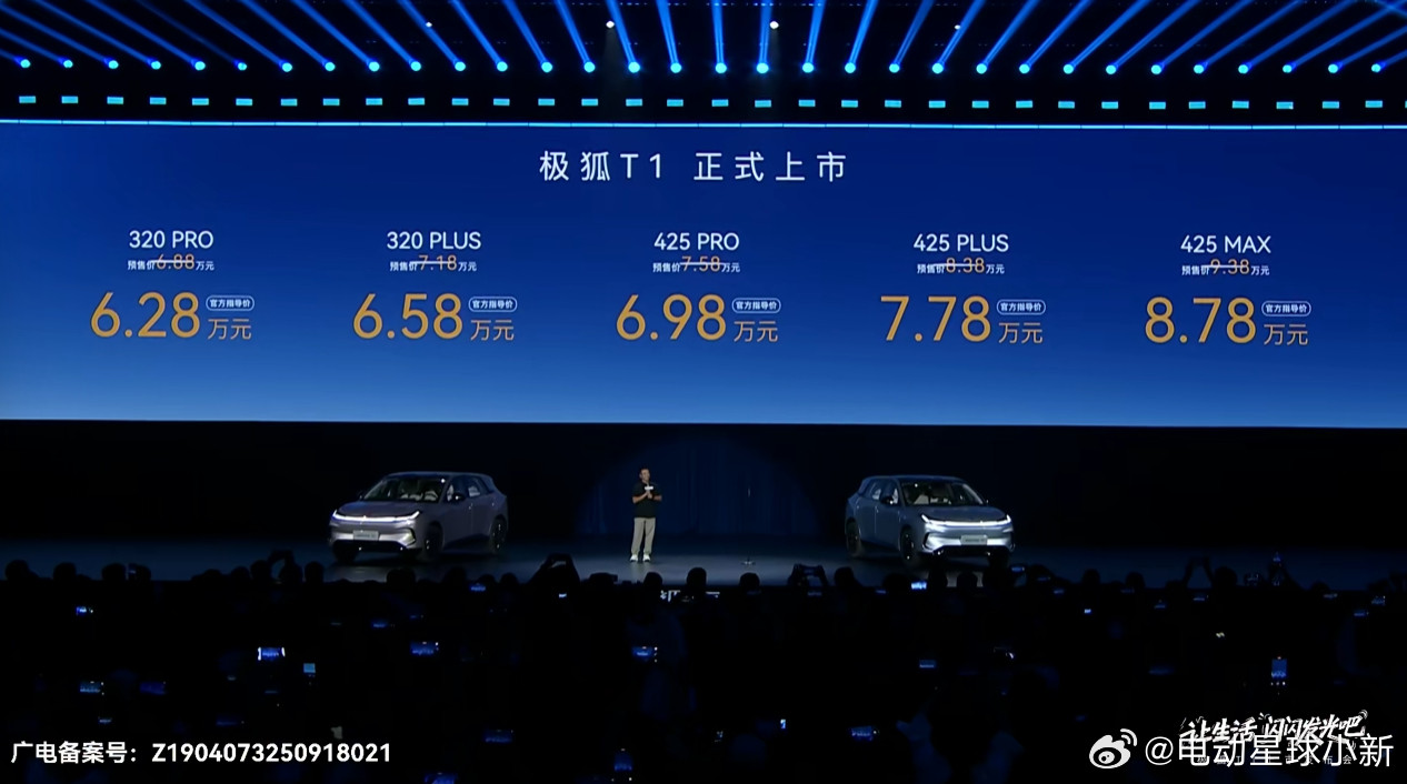 极狐T1正式上市，共推出5款车型，售价区间为6.28-8.78万元。