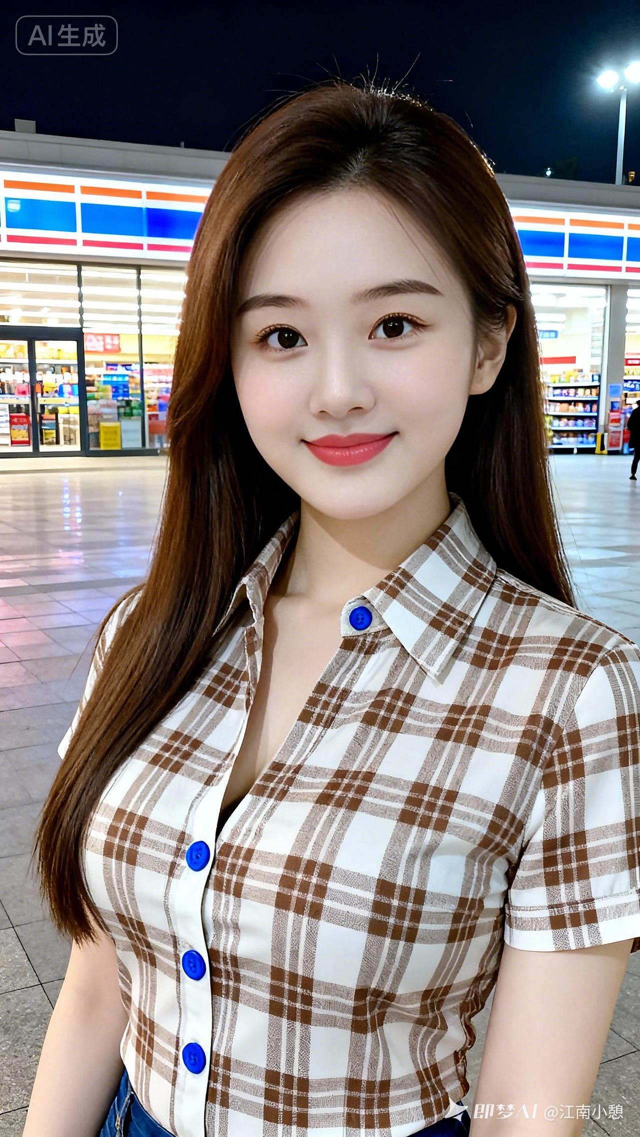 元气少女夜游便利店，格子衫搭配蓝色纽扣，青春洋溢！💕