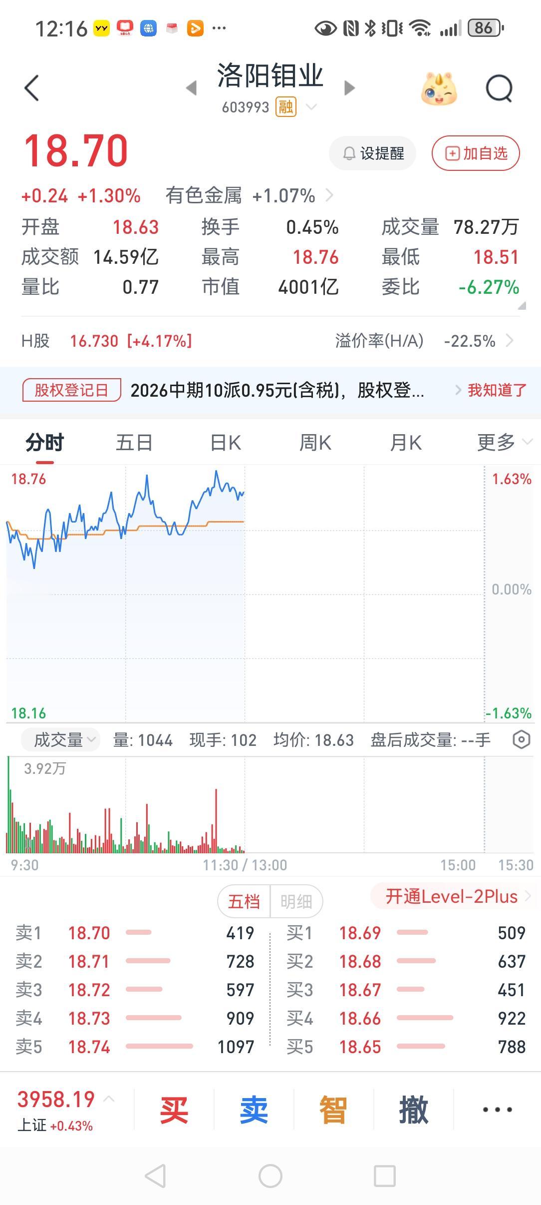 老公让我19.51元买洛阳钼业，我没敢买；他自己倒好，又加仓了，现在18元多。