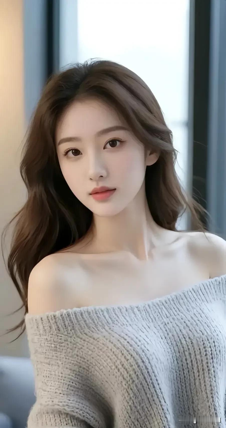 浅灰毛衣裹着软绵的温，露肩的弧度轻蹭柔光，发梢晃着房间里的静。温柔毛衣照温柔