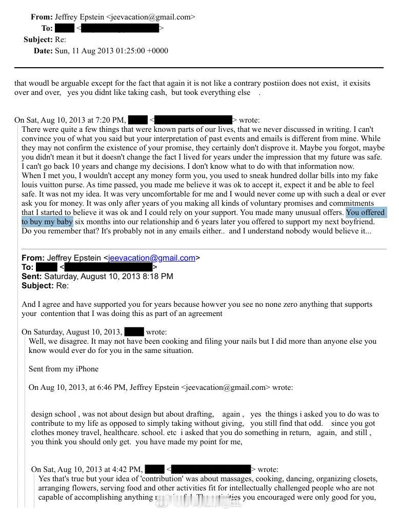 在2013年的邮件中，一个姓名被涂黑的人对爱泼斯坦说：“我们交往六个月后，你提出