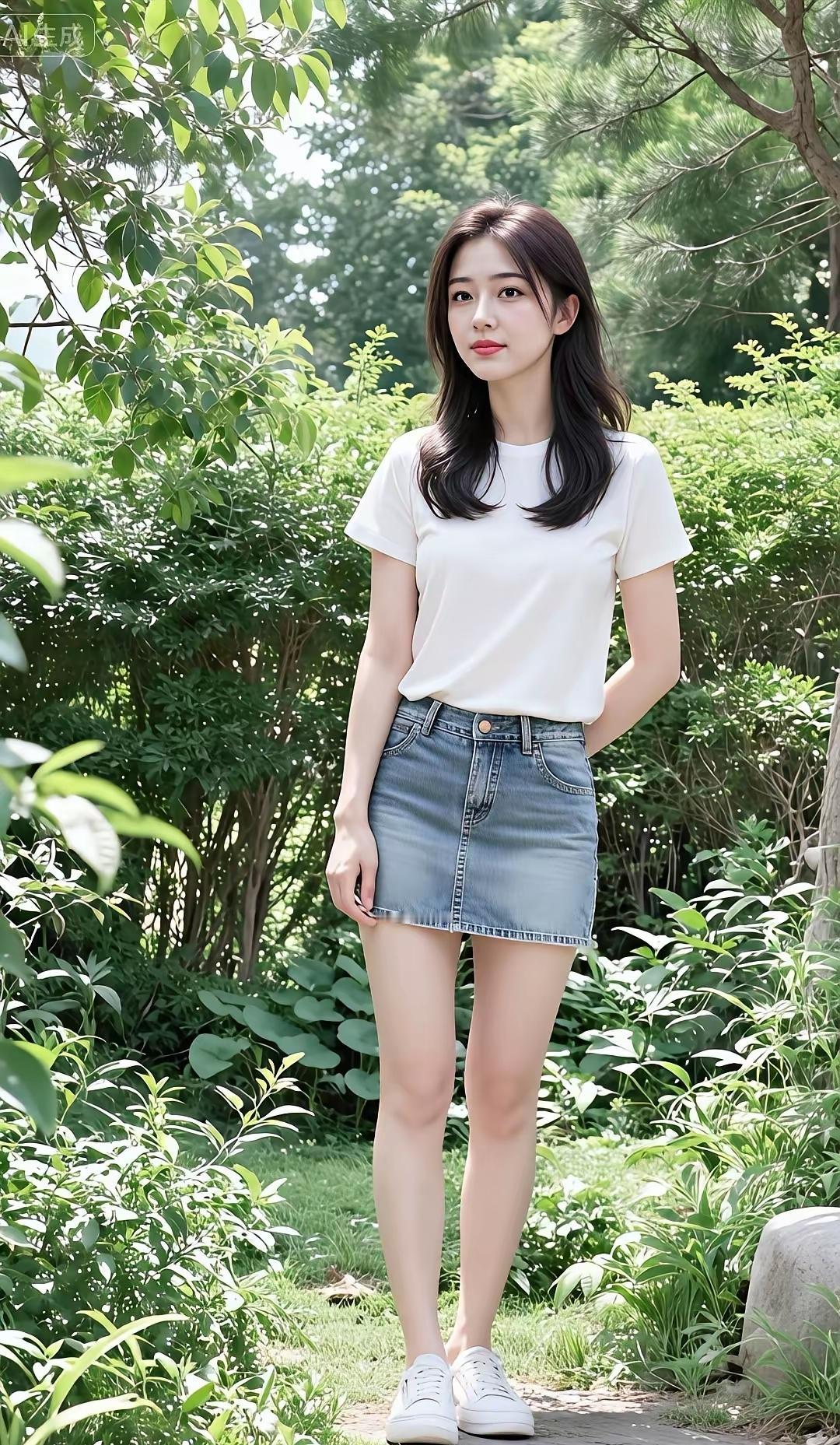 夏日清新穿搭，白色T恤+牛仔短裙，元气满满！分享精彩美拍