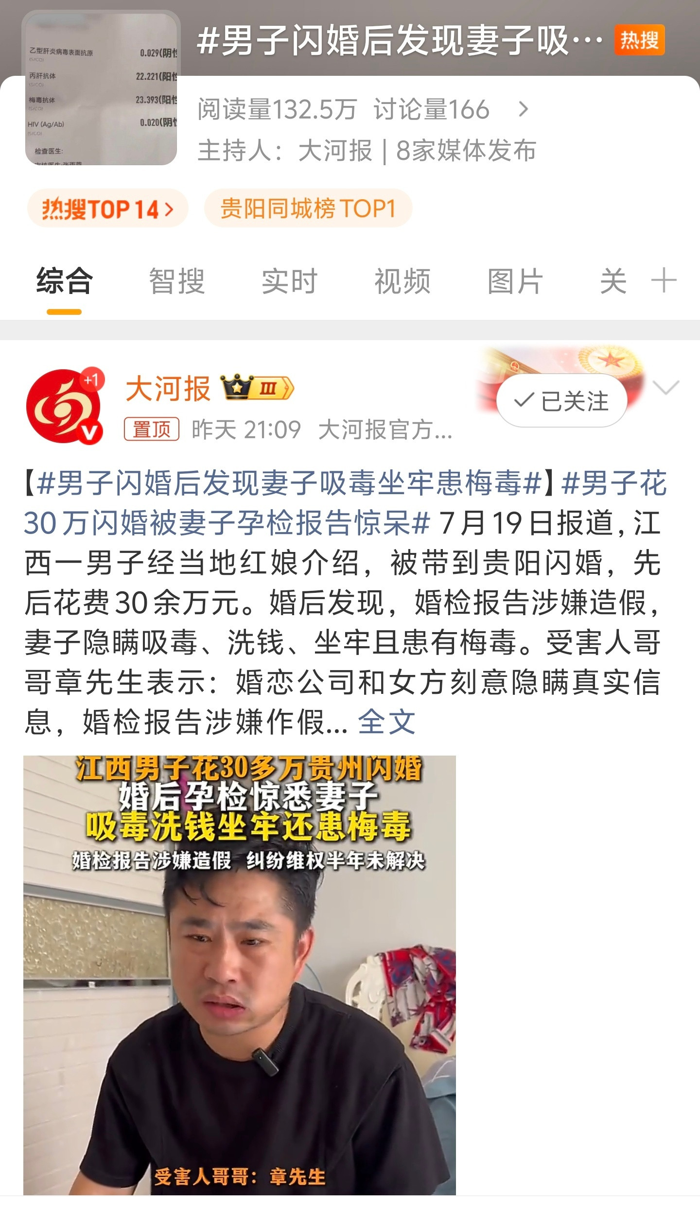 男子闪婚后发现妻子吸毒坐牢患梅毒婚姻绝非儿戏，所谓“闪婚”往往是杀猪盘的温床！当