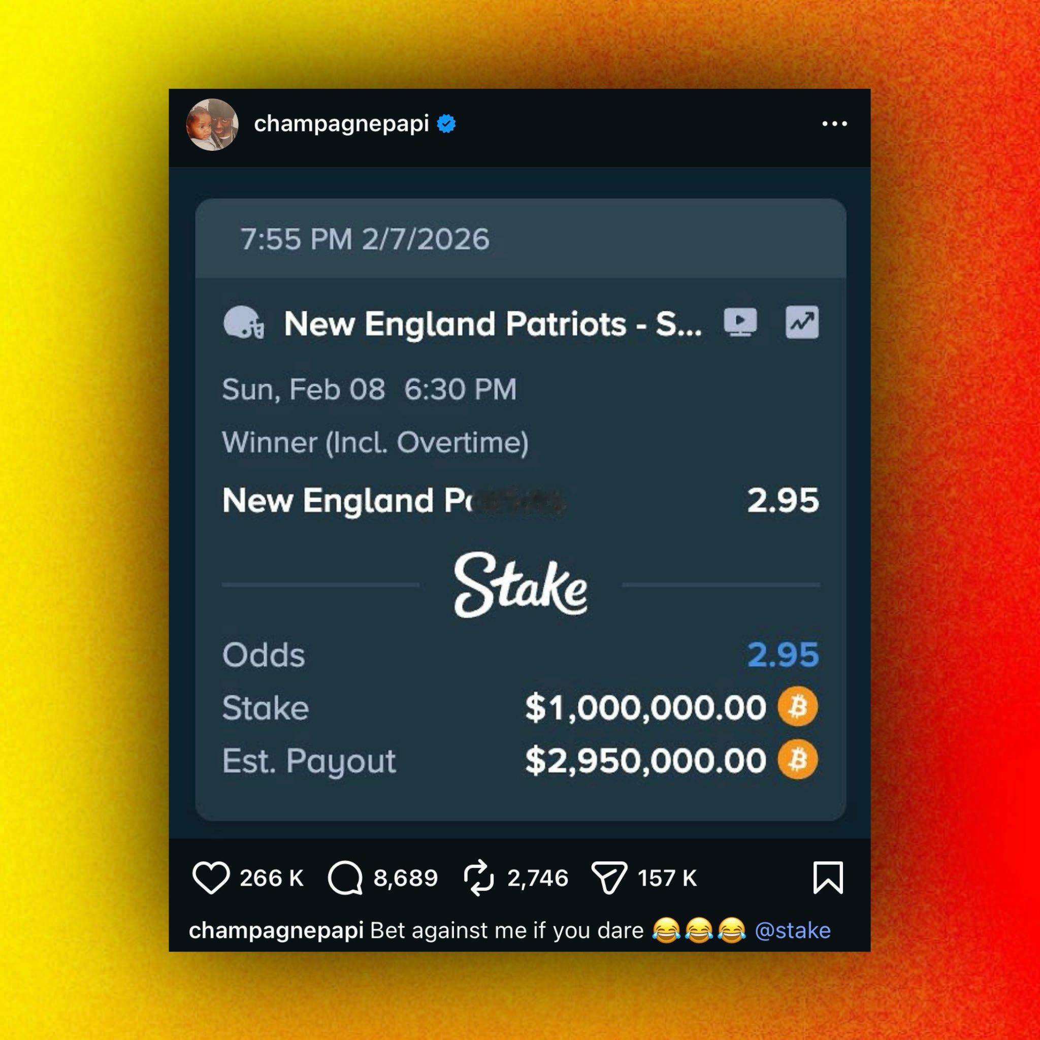 笑死！公鸭Drake赌超级碗又赌输了100万美元……