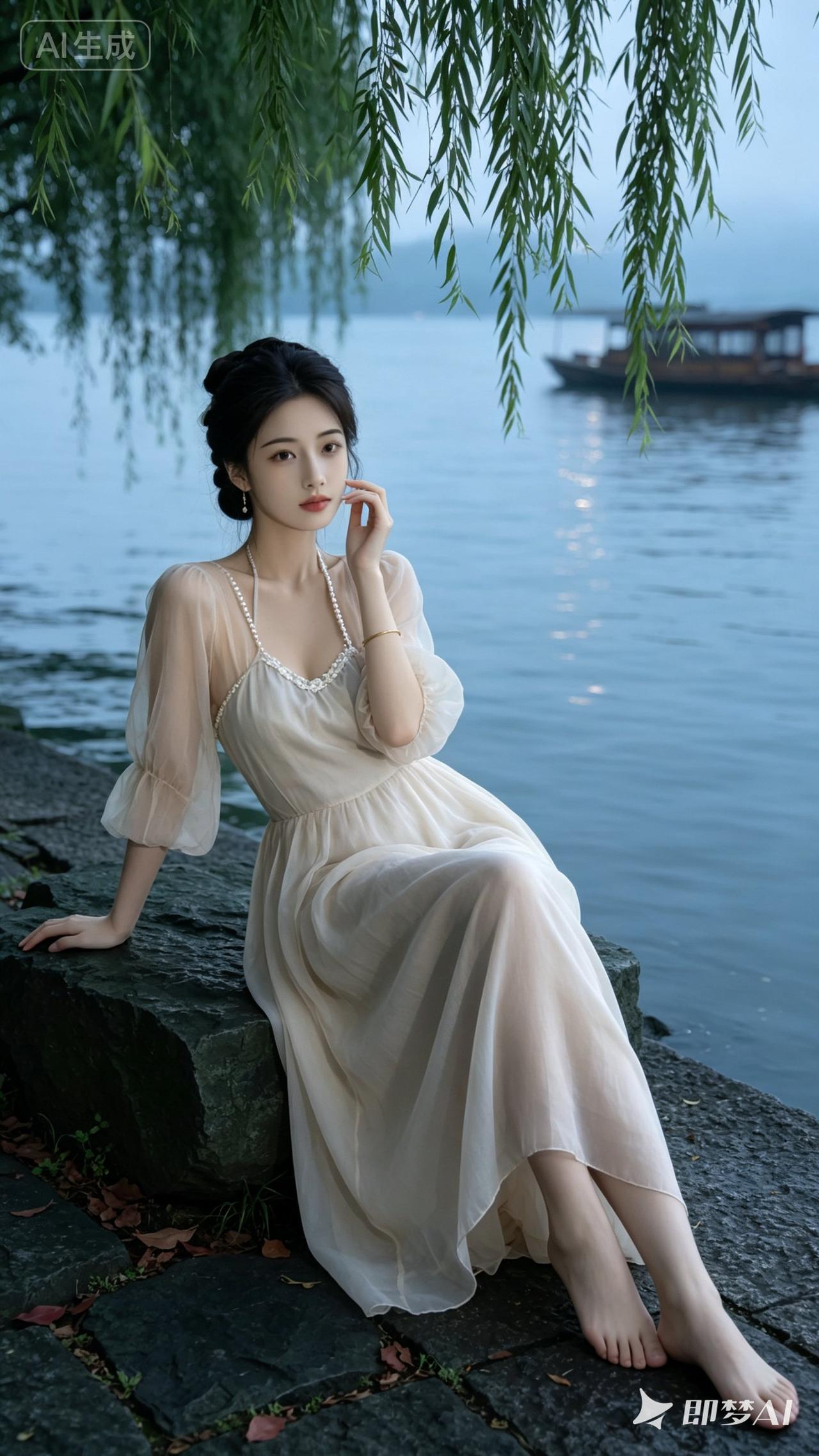 在湖畔轻抚时光，优雅如梦的少女