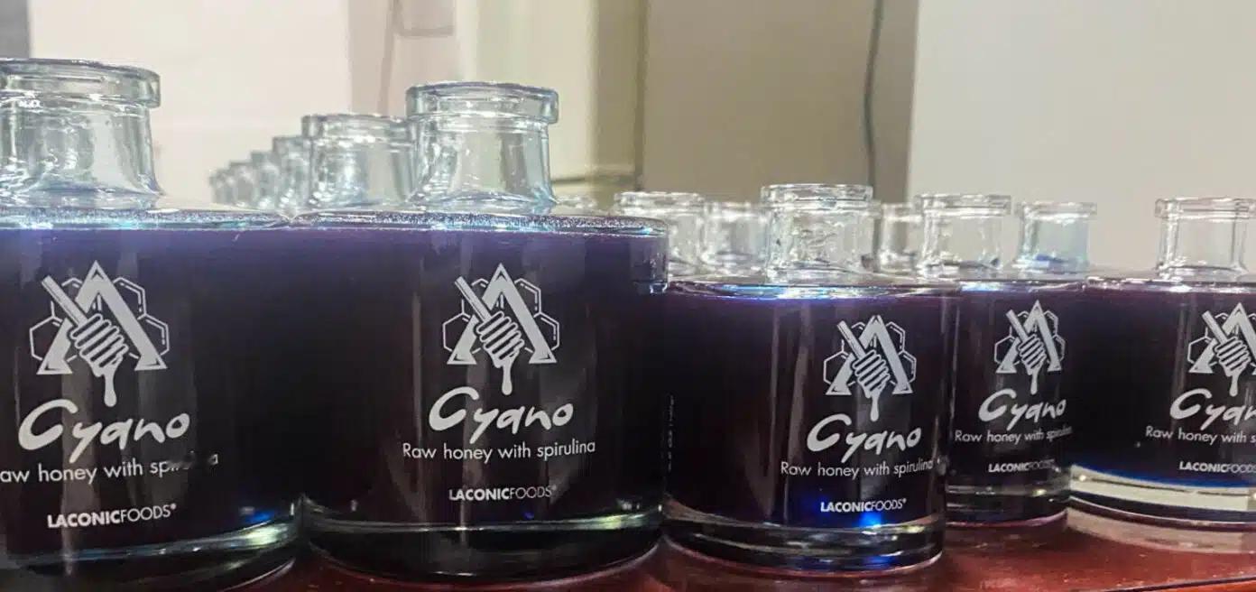 图1就是蓝色的蜂蜜，跟传统金黄色🍯差异很大。¹因为加了螺旋藻，准确说是螺旋藻