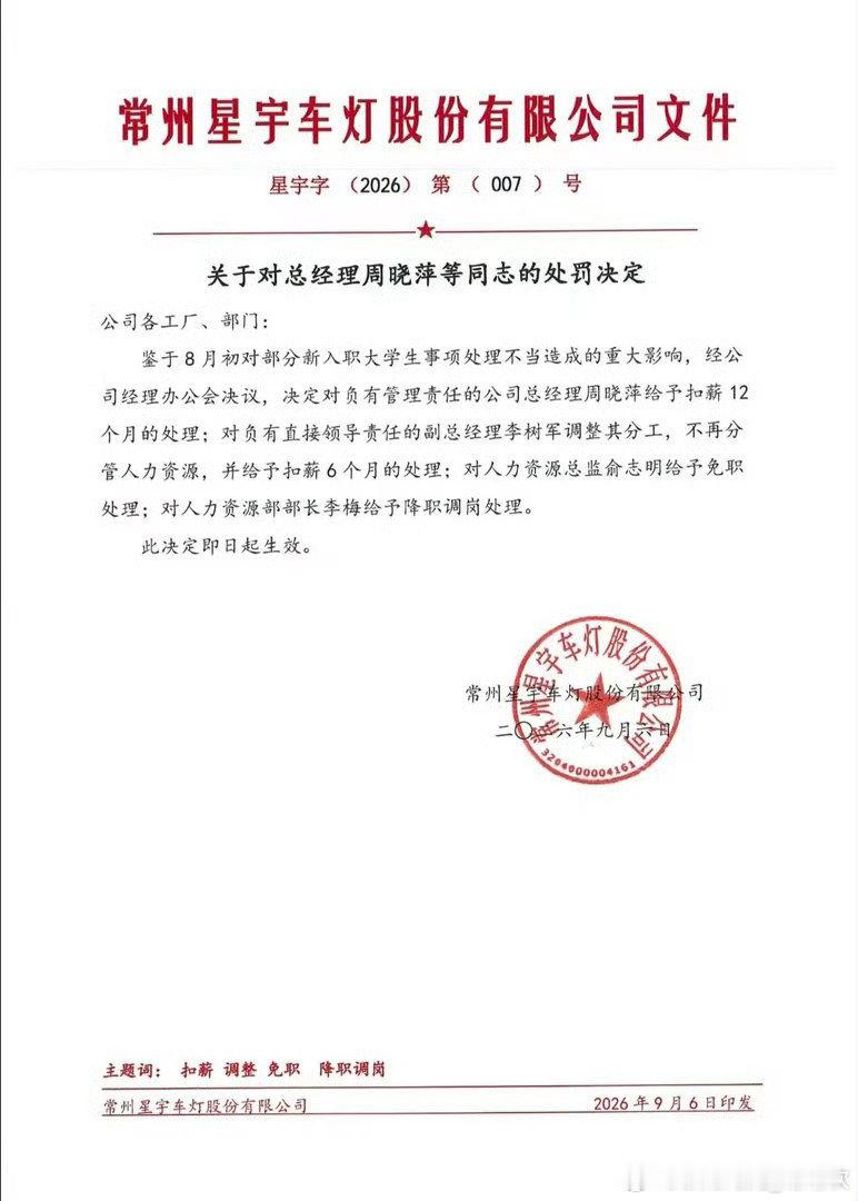 又找个小卡拉米当背锅侠了呗！人力资源总监没有上级领导的指示应该没有这么大权力吧？#星宇车灯处罚公告#